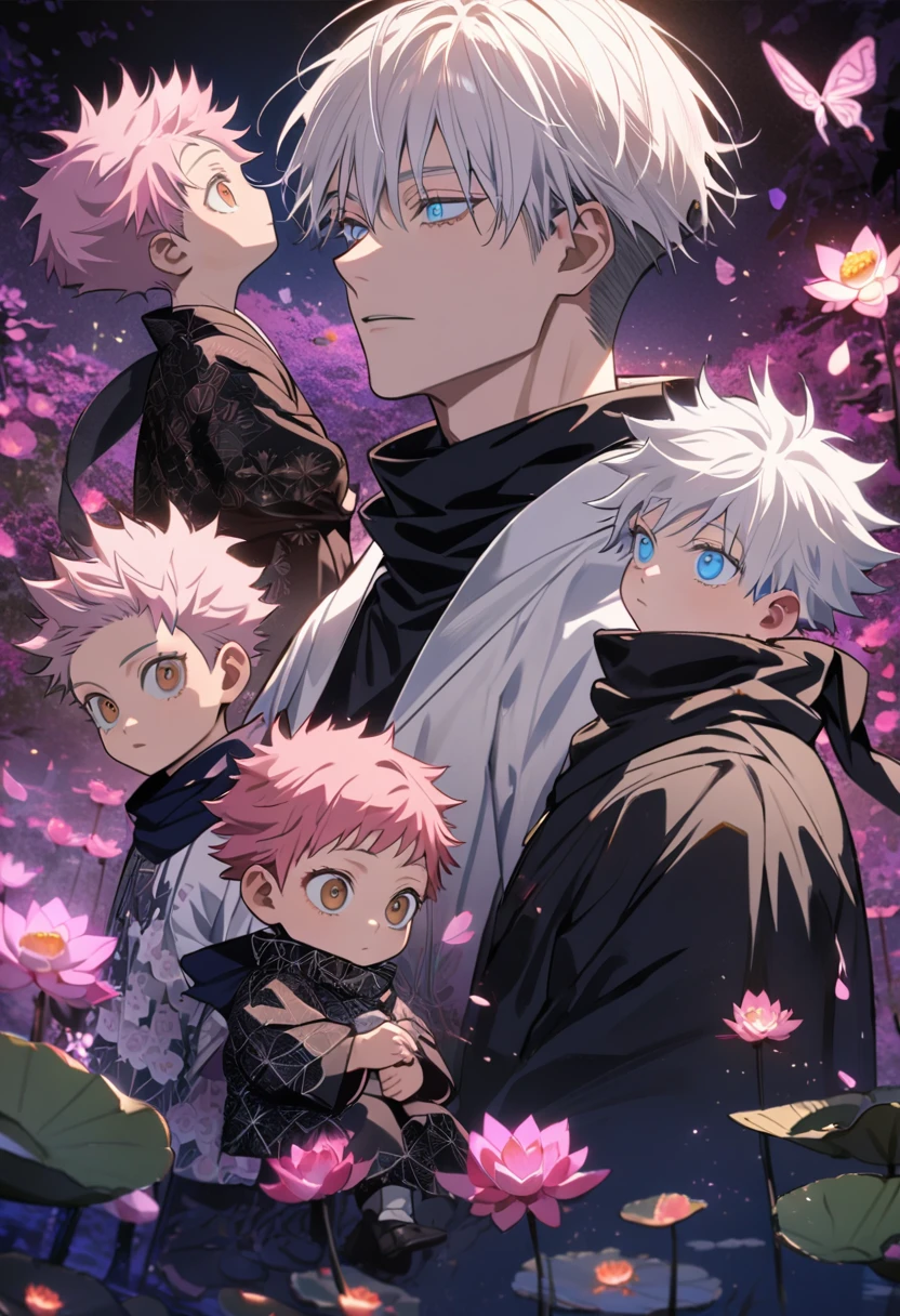 4k, very detailed, hd, Gojou Satoru carrying Itadori Yuji as , white hair, blue eyes, white eyelashes, pink hair, brown eyes, Jujutsu Kaisen, handsome, pink and violet forest, petals and lotus, fireflies, butterflies, black scarf, white haori, black kimono with patterns,