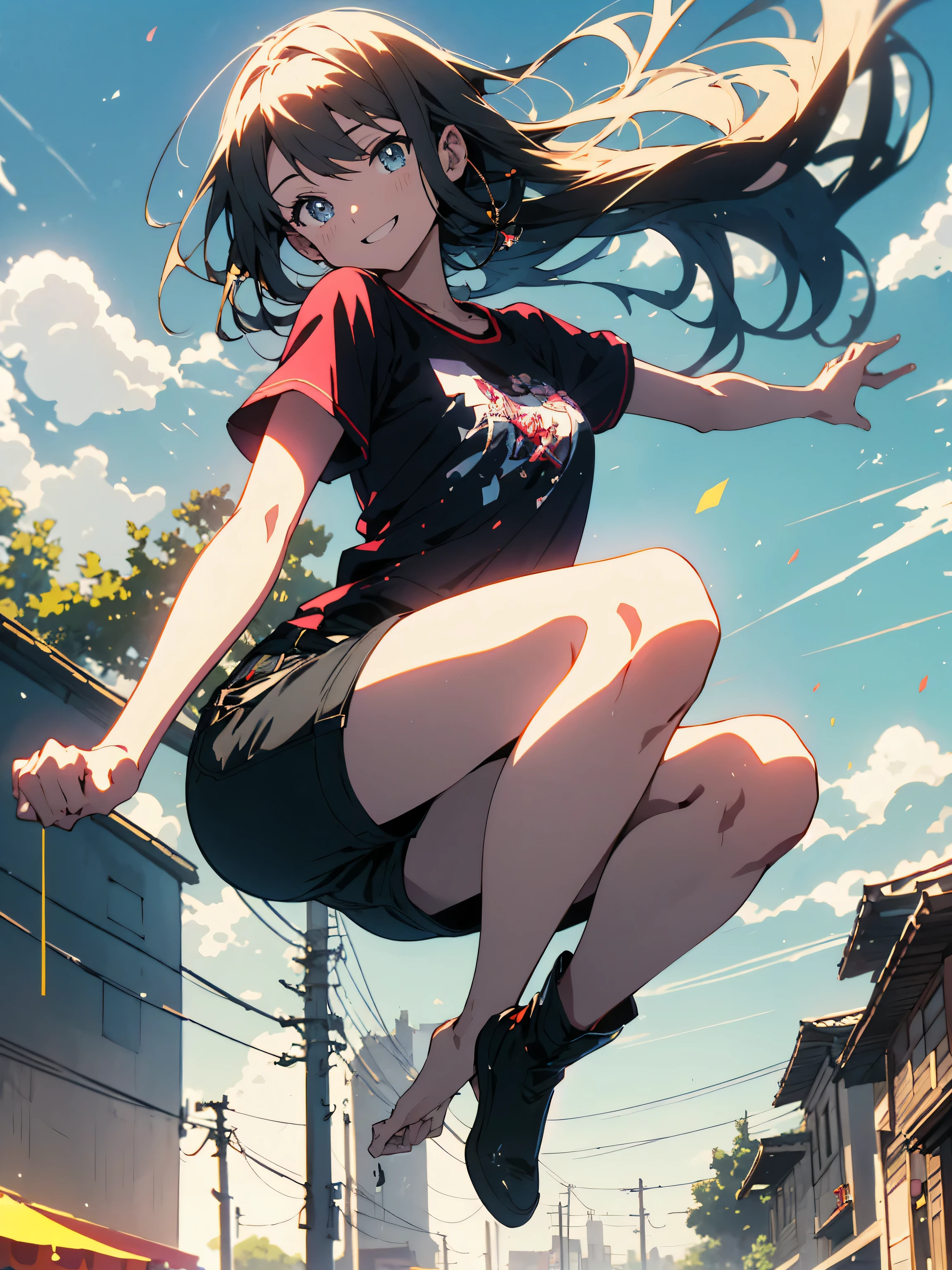(highest quality、masterpiece、High resolution、detailed)、(Shining eyes、detailed beautiful face)、1 girl、(T-shirt,shorts),smile,short boots,suburbs、slope background、beautiful anime
