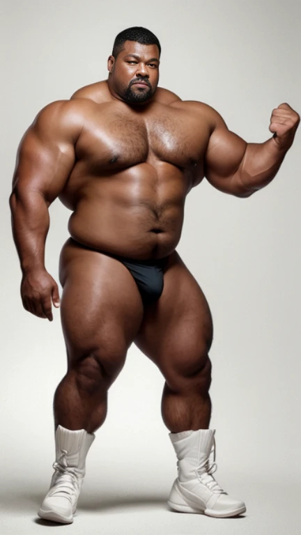 black hair, middle-aged man, individual, male, Muscular wrestler, muscular, Stout wrestler, Asian, Japanese, uncle, 55 year old middle-aged man, short hair, short hair, white wrestling boots, full body portrait, shadow, Vision, white briefs, obesity, 45 years old, short beard, middle-aged man, tattoo, fingerless gloves, Wheat skin, shiny skin, dark skin, Show your pectoral muscles, sumo wrestler, bodybuilder, wide temples, Visible abdominal muscles, Smile, Fine hands, solid color background, pure white background, Surrealism, Panorama, 8k, super detail，