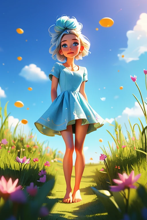 Hyper realistic,Gentle expression, (High-definition CG 8K wallpaper: 1.0), Strong sunlight, (Illustration), (Small breasts: 1.1), Blue and silver short hair, Marble hair,amazing big blue eyes , pastel blue eyes clear,Frame center, (Reality: 0.8), Young, Cute, art, meadow, girl, solo, thorny dress, model pose, cleavage, shy, asymmetrical hair, depth of field, blue sky, bare feet,