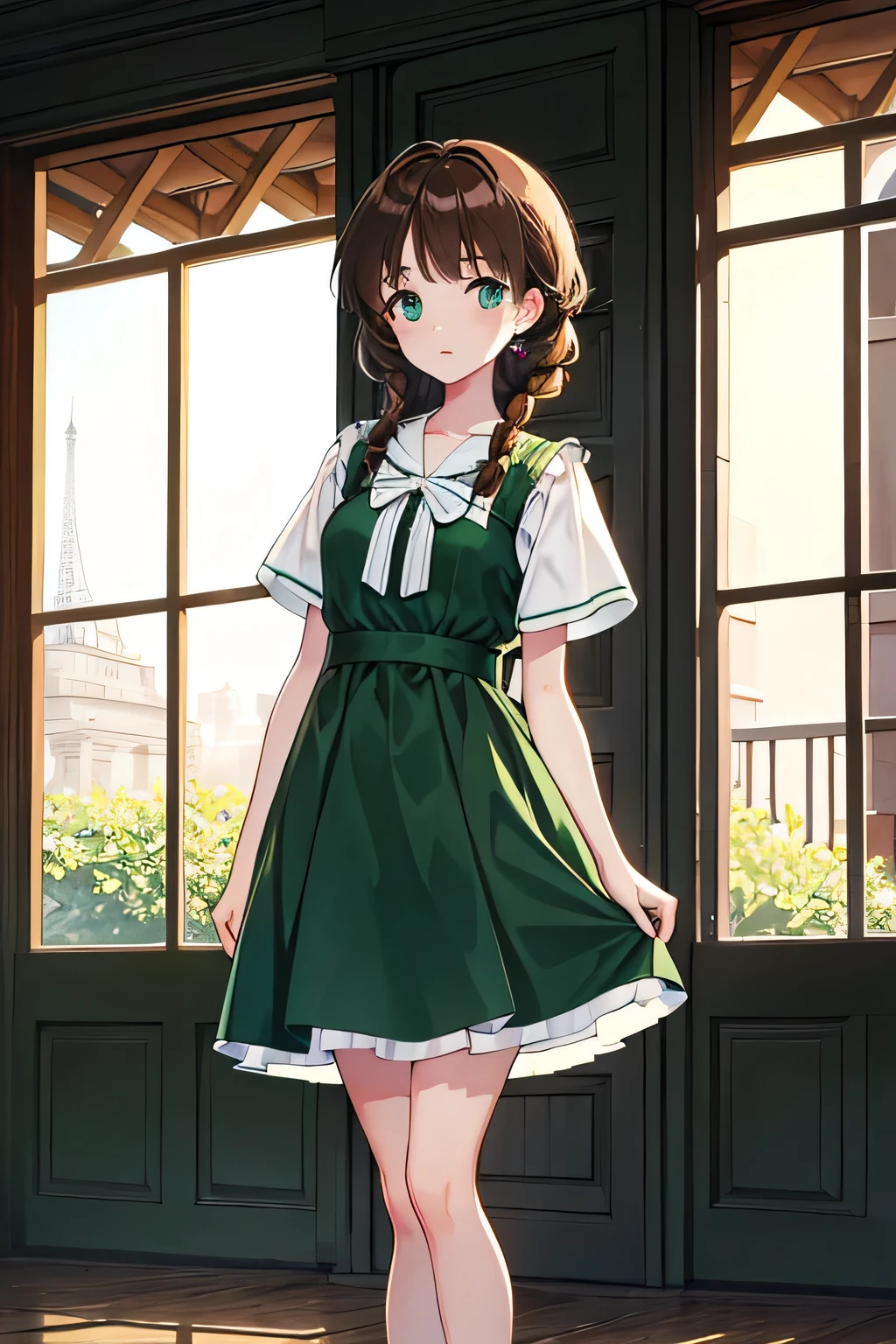 french braid, brown hair, green eyes, dress, standing, Straight Face, Fair skin, looking at viewer, 1990s (style), --niji 5 --ar 2:3 --s 100