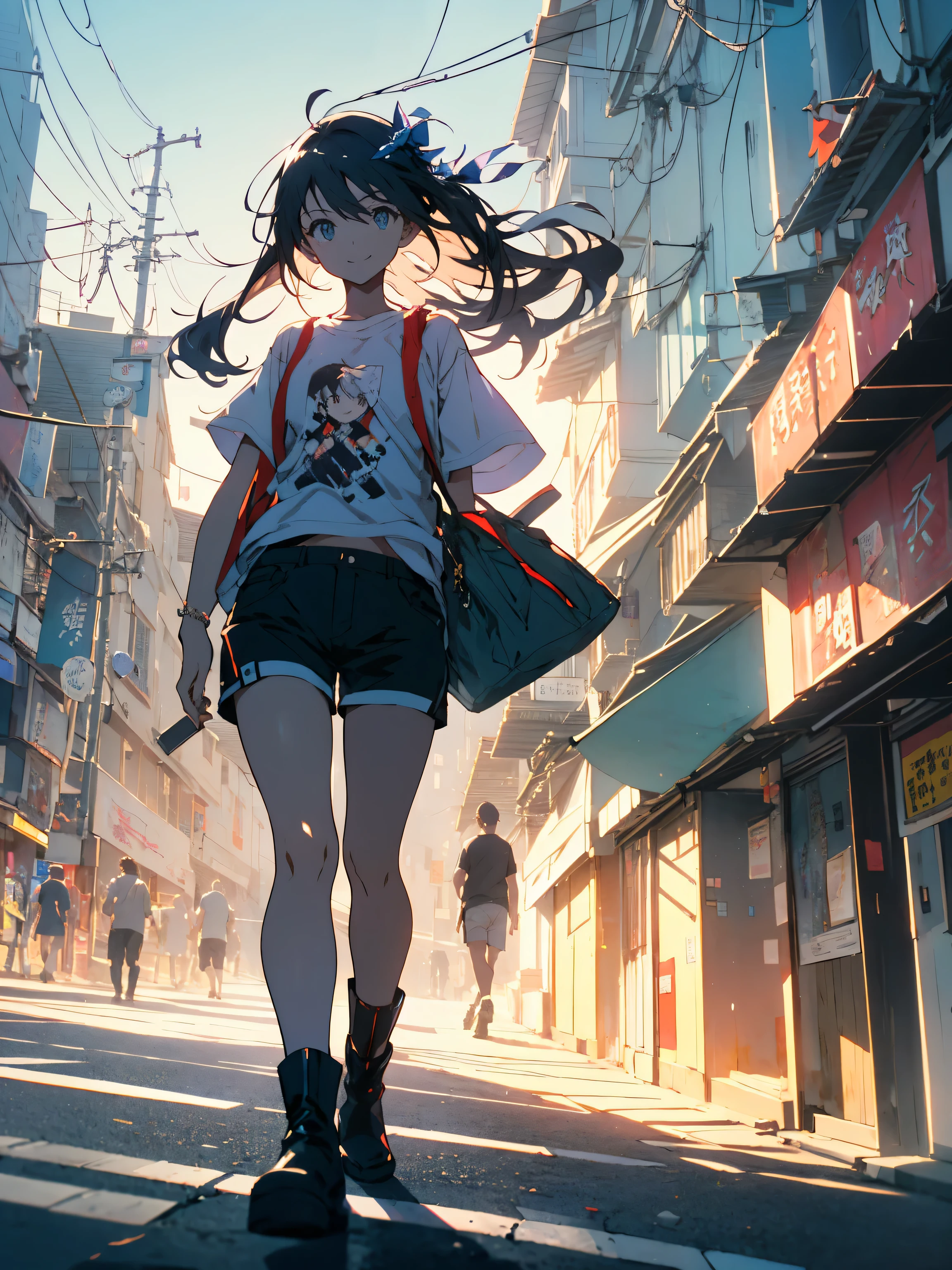 Collaboration between digital art and ink painting, Beautie,Smiling with colored contacts in her eyes, Full body,Walking with a thigh, longshot , The background is the inside of the station in summer