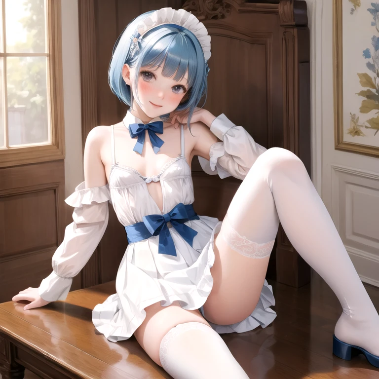 (masterpiece, best quality,absurdres, high details, perfect), 1girl, skyblue hair, short straight hair, blunt bangs,narrow waist, grey eyes, petals, pale skin, mansion, indoors, maid, maid headdress, cowboy shot, blush, light smile, head tilt, bowing,((Best quality)), ((masterpiece)), (detailed), (perfect face), (high resolution), (flawless face), ((small breasts)), in lingerie,((white knee-high)), full body,slightly spreading legs,front view,lifting skirt.