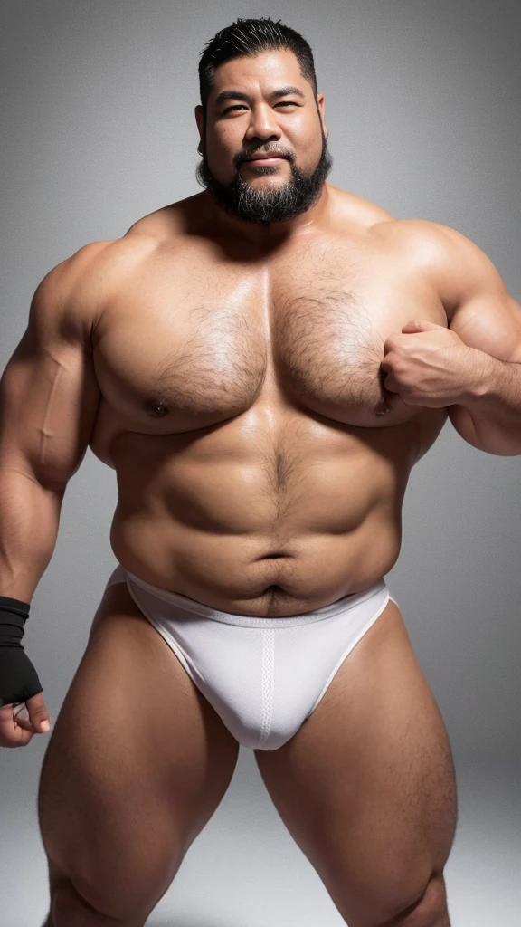 black hair, middle-aged man, individual, male, Muscular wrestler, muscular, Stout wrestler, Asian, Japanese, uncle, 55 year old middle-aged man, short hair, short hair, white wrestling boots, full body portrait, shadow, Vision, white briefs, obesity, 45 years old, short beard, middle-aged man, tattoo, fingerless gloves, Wheat skin, shiny skin, dark skin, Show your pectoral muscles, sumo wrestler, bodybuilder, wide temples, Visible abdominal muscles, Smile, Fine hands, solid color background, pure white background, Surrealism, Panorama, 8k, super detail，