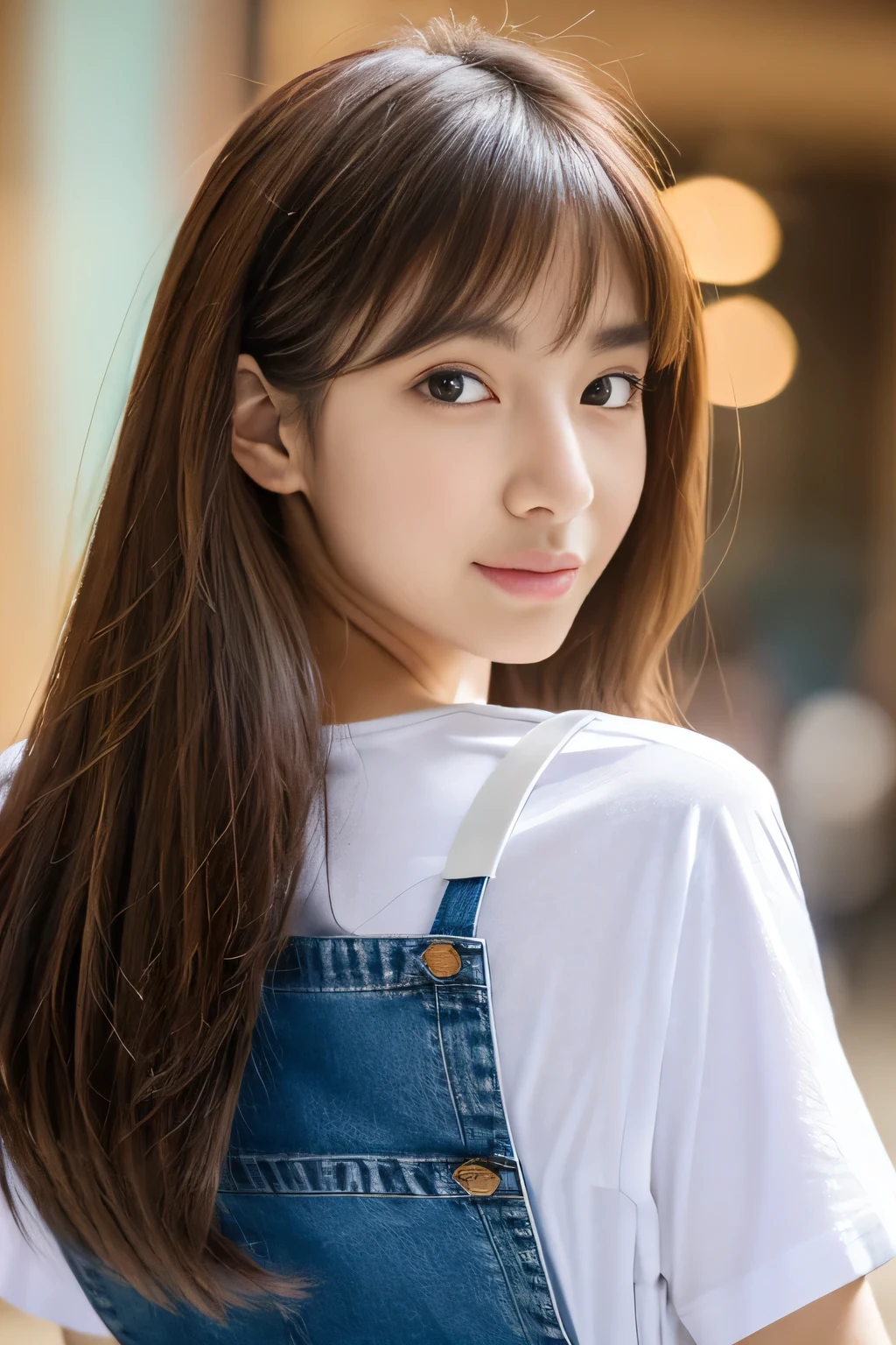 masterpiece, highest quality, Photoreal, Super detailed, finely, High resolution, 8k wallpaper, Professional, Advanced level of detail, ((One female college student:1.2)), slender Japanese woman,, detailed clavicle, Medium chest、perfect face, (Front facing:1.2)、medium long hair, chestnut hair、(T-shirt that emphasizes your chest:1.5)、(Slim fit denim:1.2)、cute face、(looking straight ahead:1.5)、(brown skin:1.5)、full body shot
