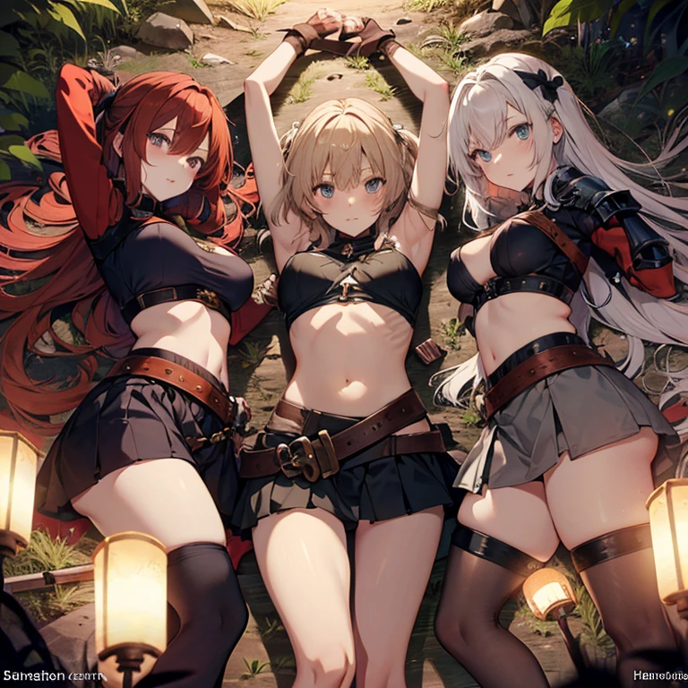 A group of female knight, (in forest), various hair styles, harem, wearing armored clothes, metal armor, night, details face, , short skirt, seducing, sword, showing off armpits, tied