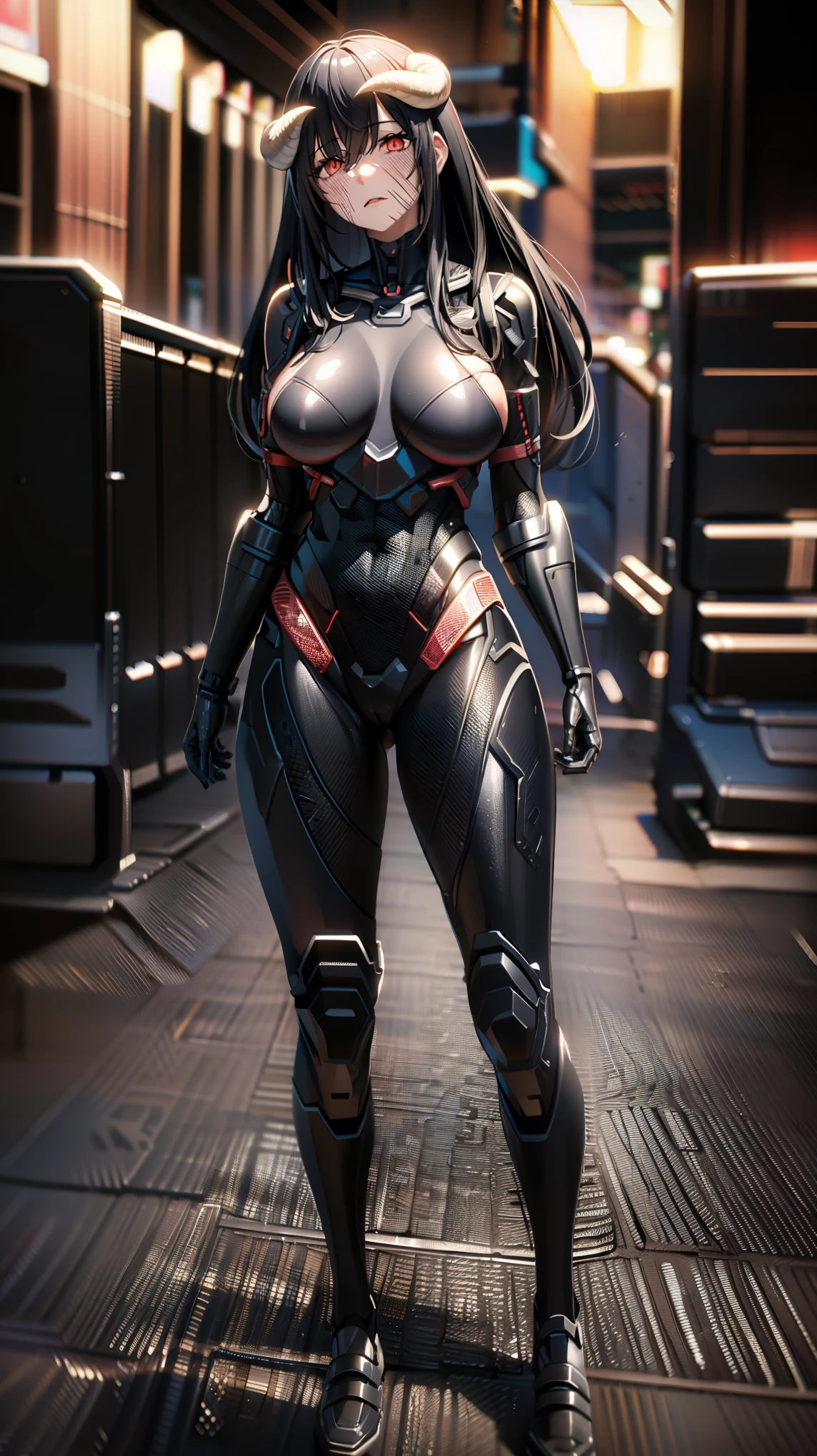 1 girl,NSFW, al1, demon horns, slit pupils,(Overload),((huge breasts 1.5)), clavicle, Glowing crimson eyes,absurd, brainwashing,empty eyes, ((No expression,erasure of emotions)), (black latex tight bodysuit),avert your eyes , full body figure,((stand up)), (highest quality、4k、8K、High resolution、must have:1.2)、Super detailed、(reality、reality的なです、reality的な:1.37)、ticker、hyper hd、studio lighting、ultra definition paint、sharp focus、Physically based rendering、extreme details、Professional specifications、vibrancy and color、blurry、sports portrait、landscape、horror style、anime big breasts、SF、photograph、concept artist、five fingers, perfect body, {{{masterpiece}}}, {{{highest quality}}}, {{Super detailed}}, {shape}, {{very delicate and beautiful}},Improved cost performance、all roles、Canon 5D MK4でphotograph、photograph,
