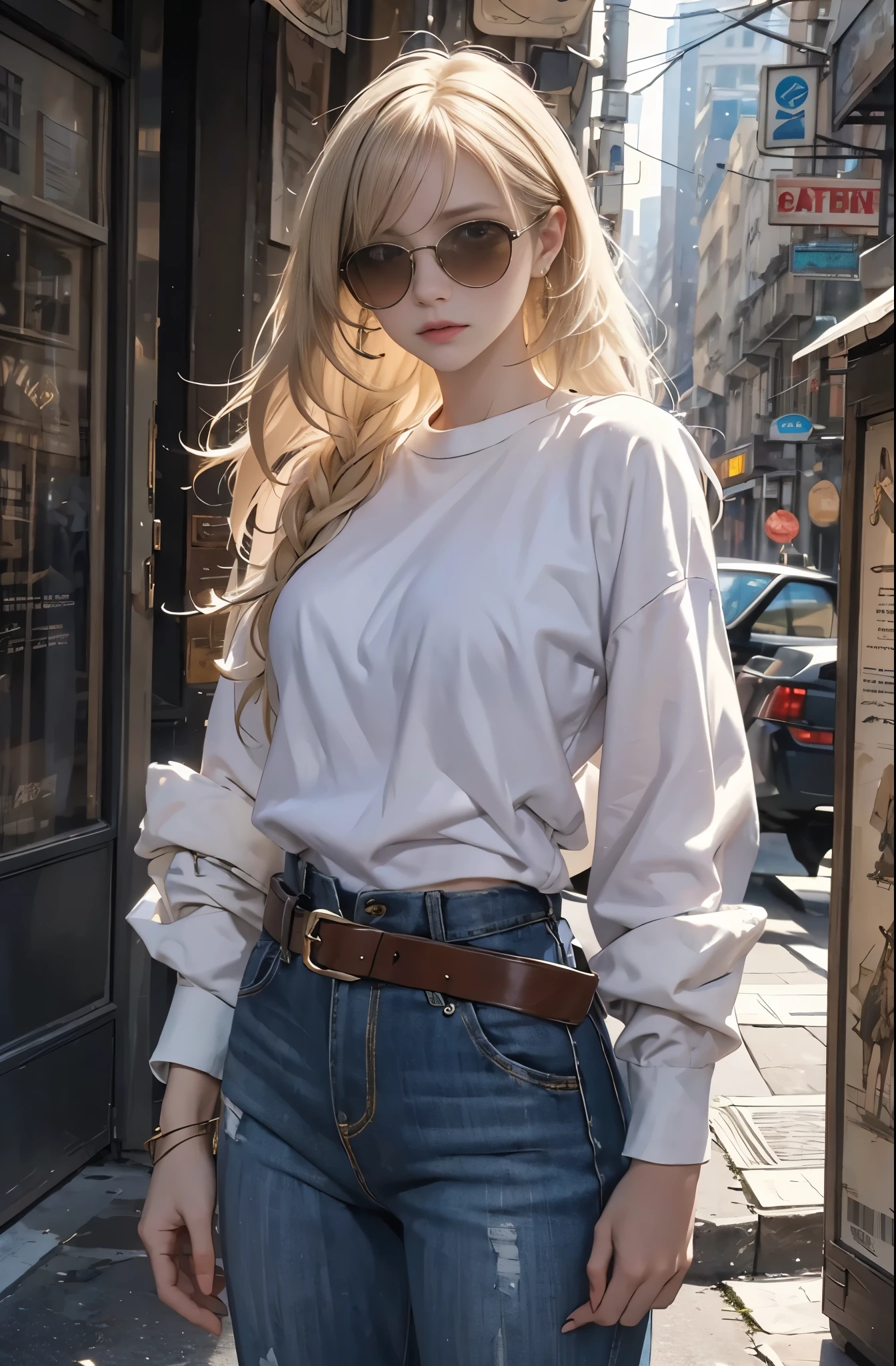 Photo of a beautiful blonde caucasian woman standing on a street corner, Perfect model body shape, Stylish pants style, stylish belt, colorful purple shirt, sunglasses, very stylish, with influence of Jeremy Mann, Jeremy Mann, style of Jeremy Mann, Jeremy Mann painting, Jeremy Mann art, Ron Hicks, Liepke, Jeremy Mann and alphonse mucha, Works that influenced Edmund Blampid, robert lenkiewicz, Casey Baugh and James Jean, Works that influenced Willem Kalf, Nick Alm, tumbler, figurative art, intense watercolor, watercolor detailed art,Beautiful and expressive paintings, Beautiful artwork illustration, wonderful, cool beauty, masterpiece, highest quality, official art, perfect composition, perfect angle, best shot, The perfect subject, women only, sharp outline, romantic, Moody, very beautiful and detailed eyes, beautiful and delicate eyes, ideal animation, sentimental, Paris, montparnasse, close