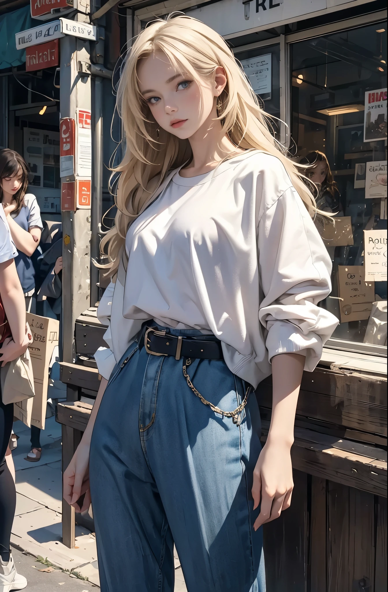 Photo of a beautiful blonde caucasian woman standing on a street corner, Perfect model body shape, Stylish pants style, stylish belt, colorful purple shirt, sunglasses, very stylish, with influence of Jeremy Mann, Jeremy Mann, style of Jeremy Mann, Jeremy Mann painting, Jeremy Mann art, Ron Hicks, Liepke, Jeremy Mann and alphonse mucha, Works that influenced Edmund Blampid, robert lenkiewicz, Casey Baugh and James Jean, Works that influenced Willem Kalf, Nick Alm, tumbler, figurative art, intense watercolor, watercolor detailed art,Beautiful and expressive paintings, Beautiful artwork illustration, wonderful, cool beauty, masterpiece, highest quality, official art, perfect composition, perfect angle, best shot, The perfect subject, women only, sharp outline, romantic, Moody, very beautiful and detailed eyes, beautiful and delicate eyes, ideal animation, sentimental, Paris, montparnasse, close