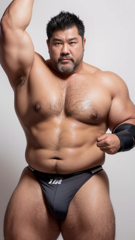 black hair, middle-aged man, individual, male, Muscular wrestler, muscular, Stout wrestler, Asian, Japanese, uncle, 55 year old middle-aged man, short hair, short hair, white wrestling boots, full body portrait, shadow, Vision, white briefs, obesity, 45 years old, short beard, middle-aged man, tattoo, fingerless gloves, Wheat skin, shiny skin, dark skin, Show your pectoral muscles, sumo wrestler, bodybuilder, wide temples, Visible abdominal muscles, Smile, Fine hands, solid color background, pure white background, Surrealism, Panorama, 8k, super detail,