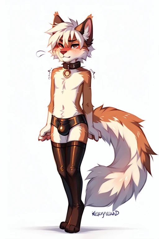 full body,No background, white background, ((by keihound, by reysi)), by Zackary911, by hyattlen, by fumiko, by fluff-kevlar, Furry, Anthro, ((cat)), ((loose collar)), (()), ((twink)), ((small)), ((bored eyes)), ((annoyed expression)), ((blushing)), ((shaking motion line)), ((full body)), short white hair, ((fluffy tail)), ((shirtless,metallic luster bulge, metallic luster stockings)),
