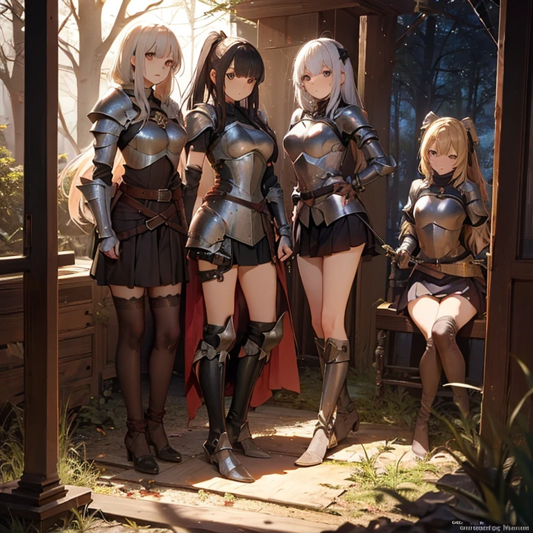 A group of  female knight, (in forest), various hair styles, harem, wearing armored clothes, metal armor, night, details face, , short skirt, seducing, sword, tied spread 