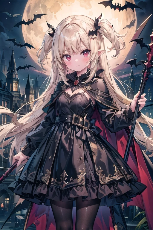 1girl, solo, blonde-hair, red-eyes, pointy-ears, looking-at-viewer, long-hair, pantyhose, vampire, holding, dress, two-side-up, black-pantyhose, hair-ornament, holding-weapon, weapon, black-dress, cape, bat-hair-ornament, standing, polearm, long-sleeves, blush