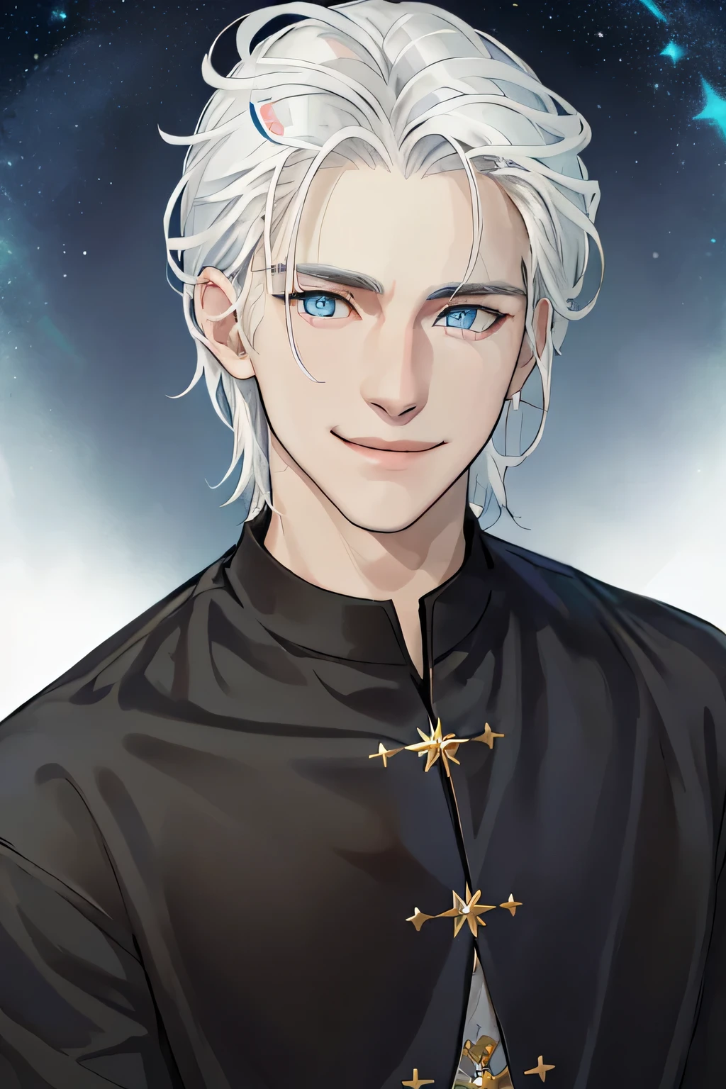 masterpiece, best quality, realistic, 1man, casual dark black clothes, young male, tall muscular, handsome, smile, closed mouth, portrait, extremely detailed face, (over ther shoulder hair), (white hair), (blue eyes), portrait, starry sky