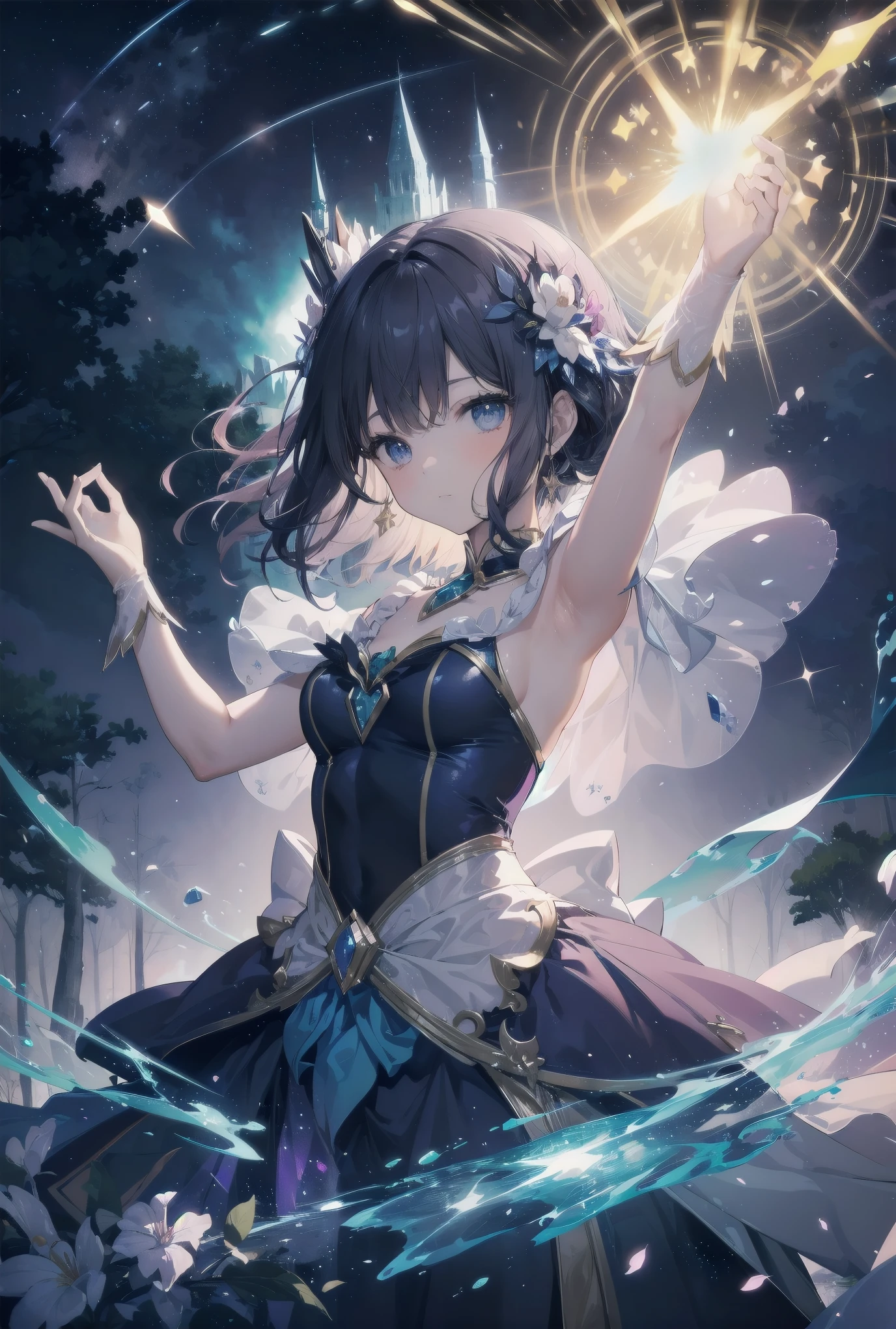 Subject: pretty magical girls.
Subtitle: masterpiece, fantastic, magical, powerful pose

Under a starry sky, in the centre of a mysterious forest, a pretty magical girl raises her glowing wand to the heavens. Around her, particles of seven-coloured magic dance, and with her powerful pose, the entire forest is enveloped in a fantastic light. For this brief moment, even time seems to have frozen.