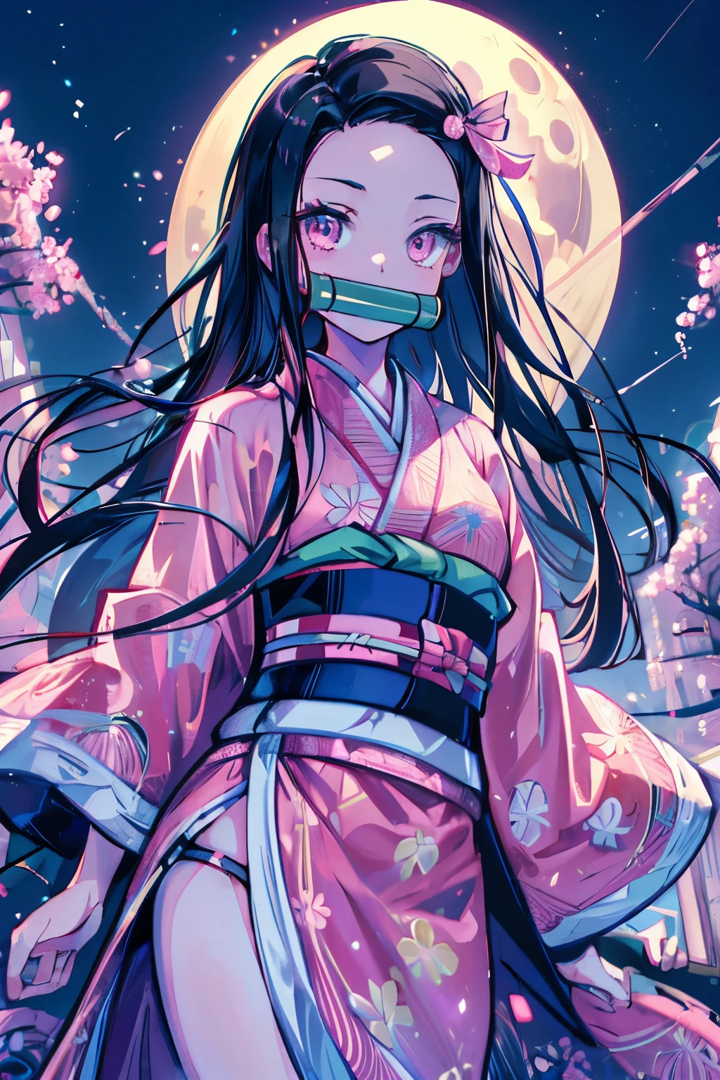 masterpiece, (pink kimono), seductive face, good lighting, low-cut, fine details, masterpiece, girl, black hair, gag, Nezuko Kamado, old twon,night time,moon,masterpiece, best quality, POV, wide hips,