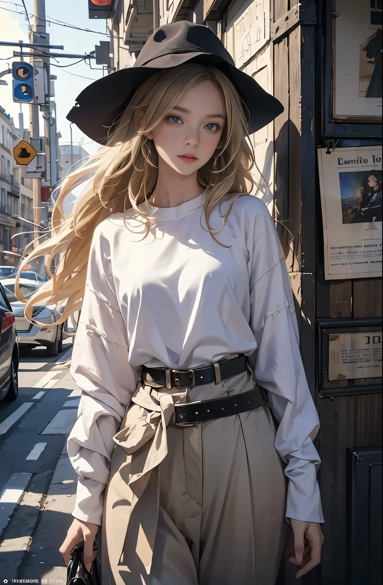 Photo of a beautiful blonde caucasian woman standing on a street corner, Perfect model body shape, Stylish pants style, stylish belt, colorful purple shirt, stylish hat, very stylish, with influence of Jeremy Mann, Jeremy Mann, style of Jeremy Mann, Jeremy Mann painting, Jeremy Mann art, Ron Hicks, Liepke, Jeremy Mann and alphonse mucha, Works that influenced Edmund Blampid, robert lenkiewicz, Casey Baugh and James Jean, Works that influenced Willem Kalf, Nick Alm, tumbler, figurative art, intense watercolor, watercolor detailed art,Beautiful and expressive paintings, Beautiful artwork illustration, wonderful, cool beauty, masterpiece, highest quality, official art, perfect composition, perfect angle, best shot, The perfect subject, women only, sharp outline, romantic, Moody, very beautiful and detailed eyes, beautiful and delicate eyes, ideal animation, sentimental, Paris, montparnasse, close