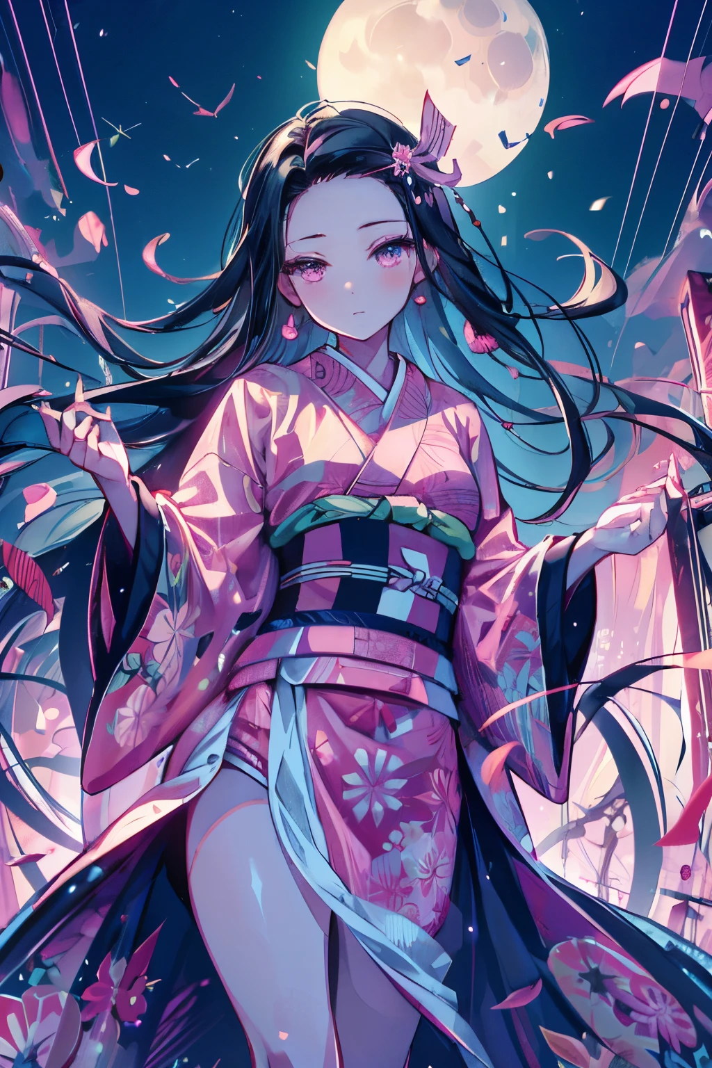 masterpiece, (pink kimono), seductive face, good lighting, low-cut, fine details, masterpiece, girl, black hair, gag, Nezuko Kamado, old twon,night time,moon,masterpiece, best quality, POV, wide hips,