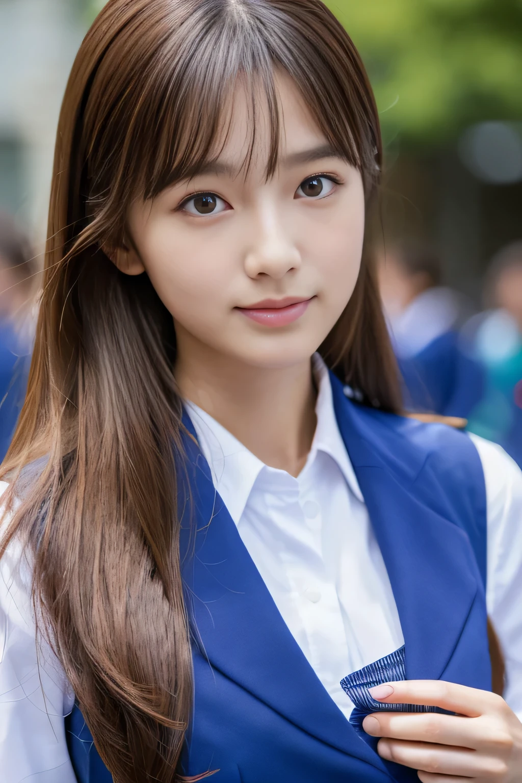 masterpiece, highest quality, Photoreal, Super detailed, finely, High resolution, 8k wallpaper, Professional, Advanced level of detail, ((One female college student:1.2)), slender Japanese woman,, detailed clavicle, Medium chest、perfect face, (Front facing:1.2)、medium long hair, chestnut hair、(Blue Uniform:1.5)、(mini skirt:1.2)、cute face、(looking straight ahead:1.5)、(brown skin:1.5)、full body shot