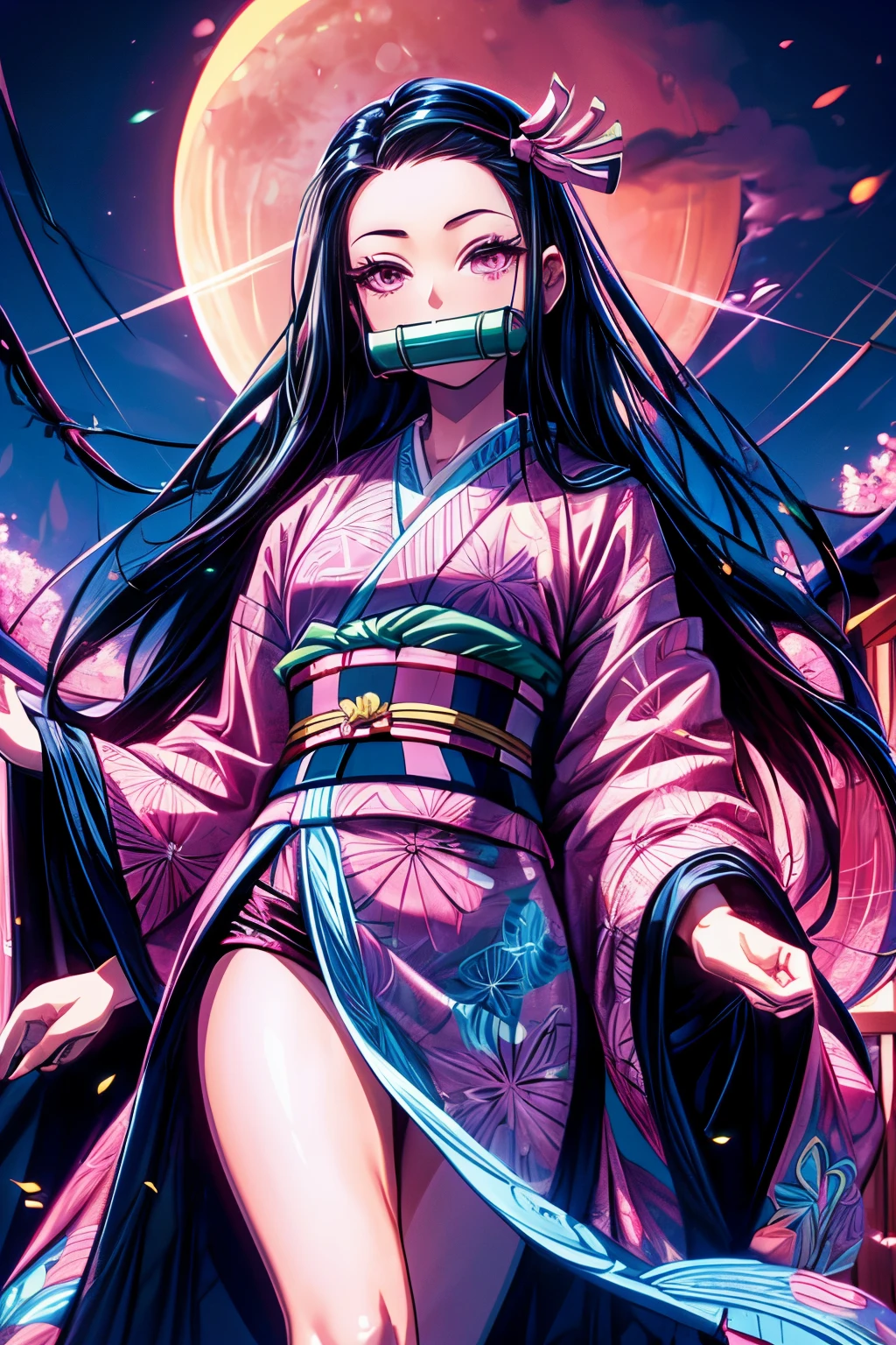 masterpiece, (pink kimono), seductive face, good lighting, low-cut, fine details, masterpiece, girl, black hair, gag,  Nezuko Kamado, old twon,night time,moon,masterpiece, best quality, POV, wide hips,