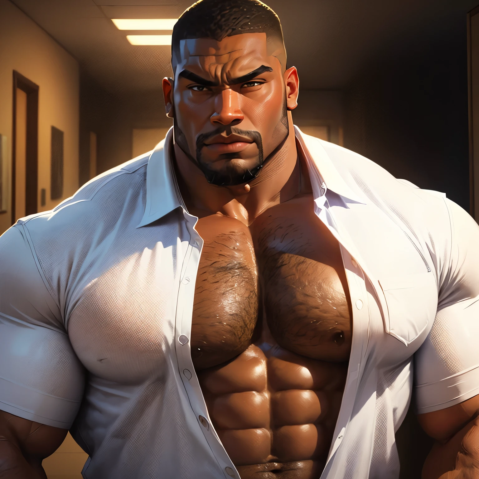 an exaggeratedly muscular and large bodyguard, beefy build, beard, dark-skinned african american male, buzzcut hair with square line, (wearing unbuttoned shirt 1.2), sports logo patch on shirt, (bara pecs: 1.3), (arm and chest hair: 1.1), close-up portrait HD, (high school hallway)