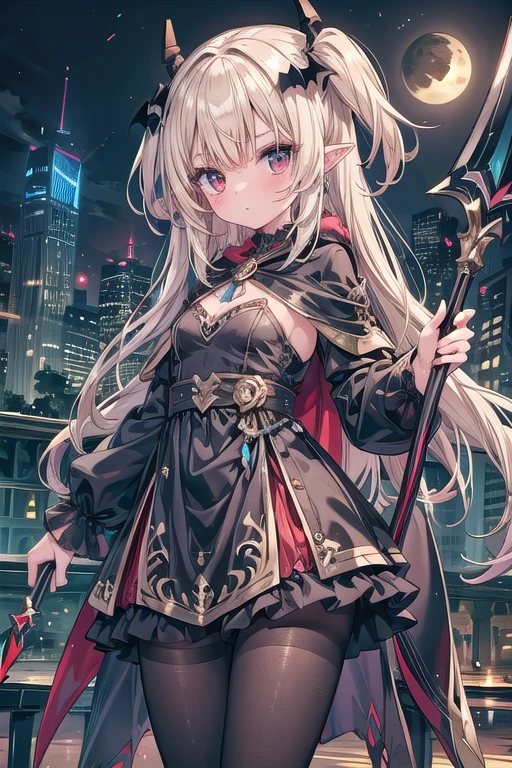 1girl, solo, blonde-hair, red-eyes, pointy-ears, looking-at-viewer, long-hair, pantyhose, vampire, holding, dress, two-side-up, black-pantyhose, hair-ornament, holding-weapon, weapon, black-dress, cape, bat-hair-ornament, standing, polearm, long-sleeves, blush, thick thighs