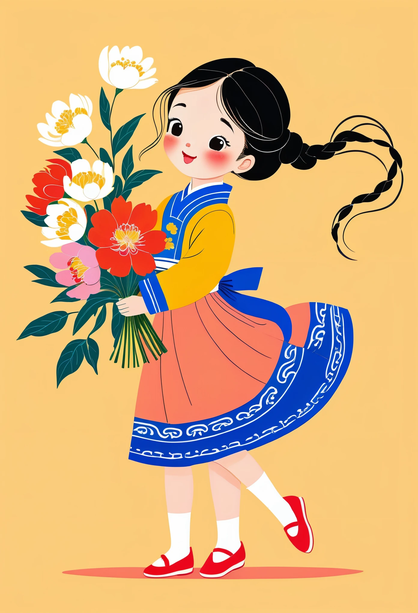 A girl holding flowers, Chinese style illustration, colorful cartoon characters, simple lines, bright colors, yellow background, full body portrait, simple , long hair braided in two pigtails, wearing a blue skirt with a pink floral pattern, happy expression, hand held a bouquet of red and white peonies, light orange flower petals flying around, in the style of a whimsical children's book illustrator, in the style of Henri Matisse
