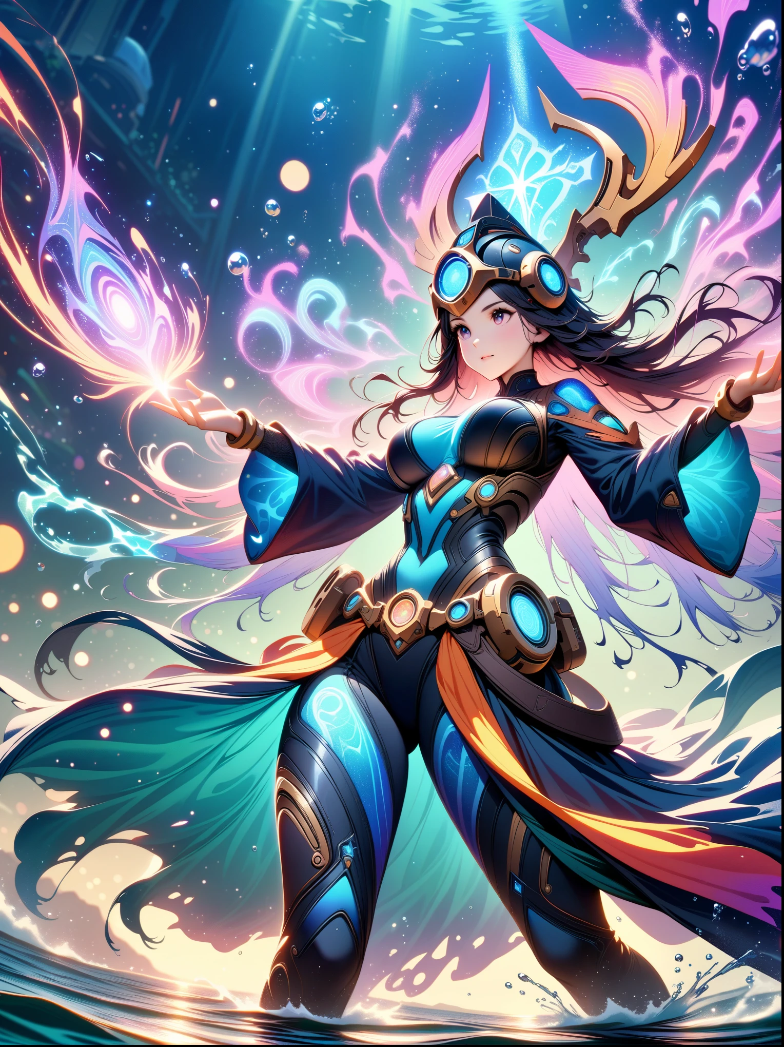 (best quality, masterpiece, absurdres, highres, ultra_detailed, dynamic angle:1.2), photography of 1girl, mage, aquamancer, (colorful:1.3) ornate diving bodysuit, lama scuba helmet, glowing cybernetics, long robe woven with celestial patterns, (spellcasting, arcane knowledge, empowering allies, elemental water magic:1.5), ethereal glowing runes, (underwater:1.2), sea plants, bioluminescence, futuristic, sci-fi, (intricate details, hyperdetailed:1.15), (ultrahigh resolution textures), bokeh, (volumetric, cinematic, dim blue) lighting, caustics, depth of field