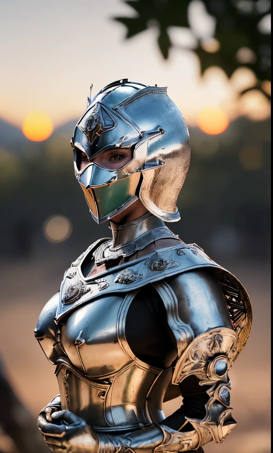 (obra de arte), (extremamente complexo:1.3), (realista), retrato de uma , a mais bonita do mundo, (armadura medieval), metallic reflections, tronco, ao ar livre, luz solar intensa, castelo distante, fotografia profissional de uma mulher deslumbrante detalhada, sharp focus, dramatic, premiado, cinematic lighting, octano render motor irreal, volumetric dtx, (Film grain, fundo desfocado, primeiro plano desfocado, Bokeh, profundidade de campo, Sunset, desfoque de movimento:1.3), cota de malha