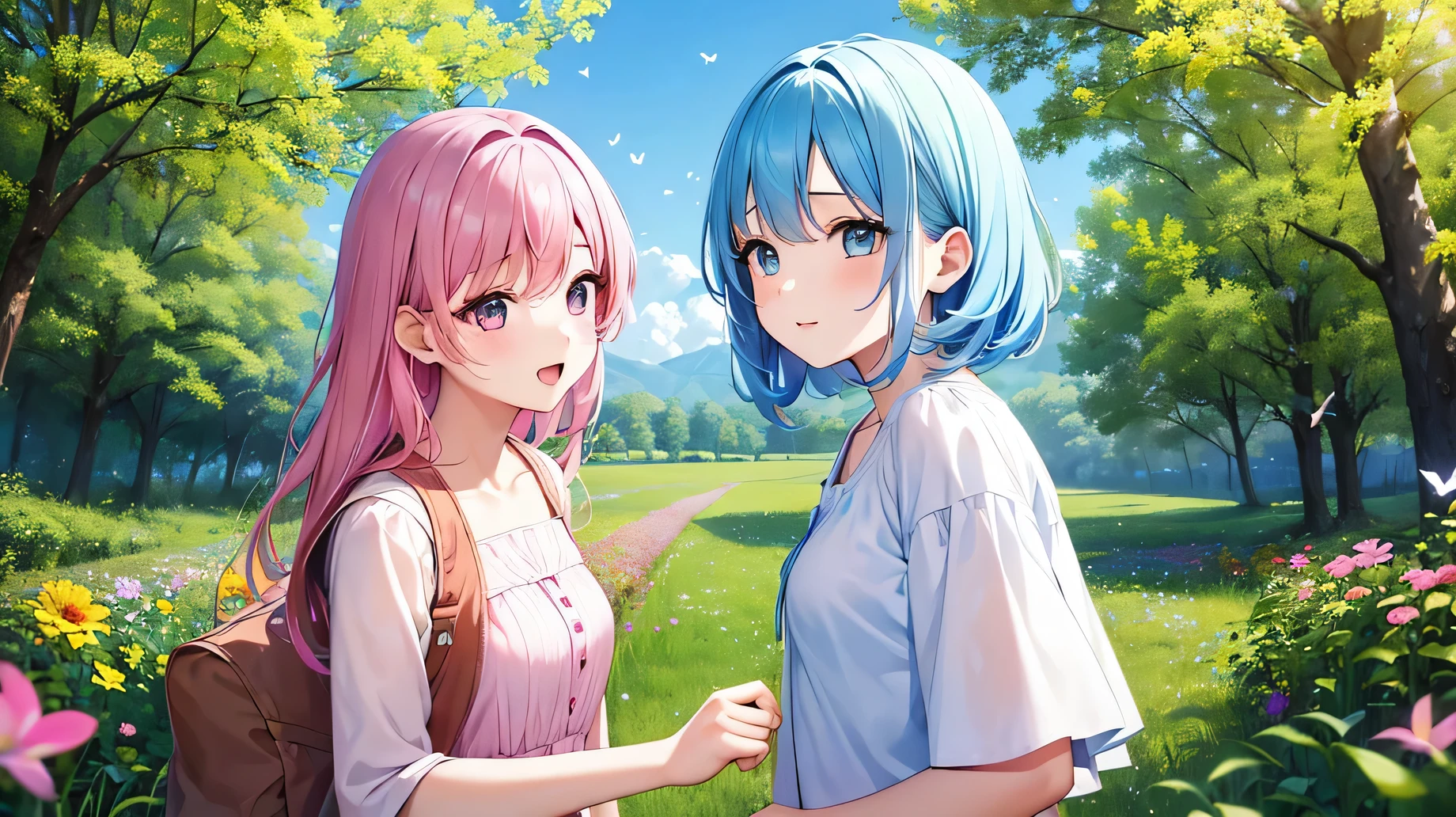 two innocent girls、、2 people(One with pink hair、1 name light blue hair)、16 years old、cute face、smile、open your mouth、beautiful eyes、beauty of nature、Warm sunshine、wild flowers swaying in the wind々surrounded by、enjoy time in the field。Butterflies and birds fly around her、Add a playful atmosphere。