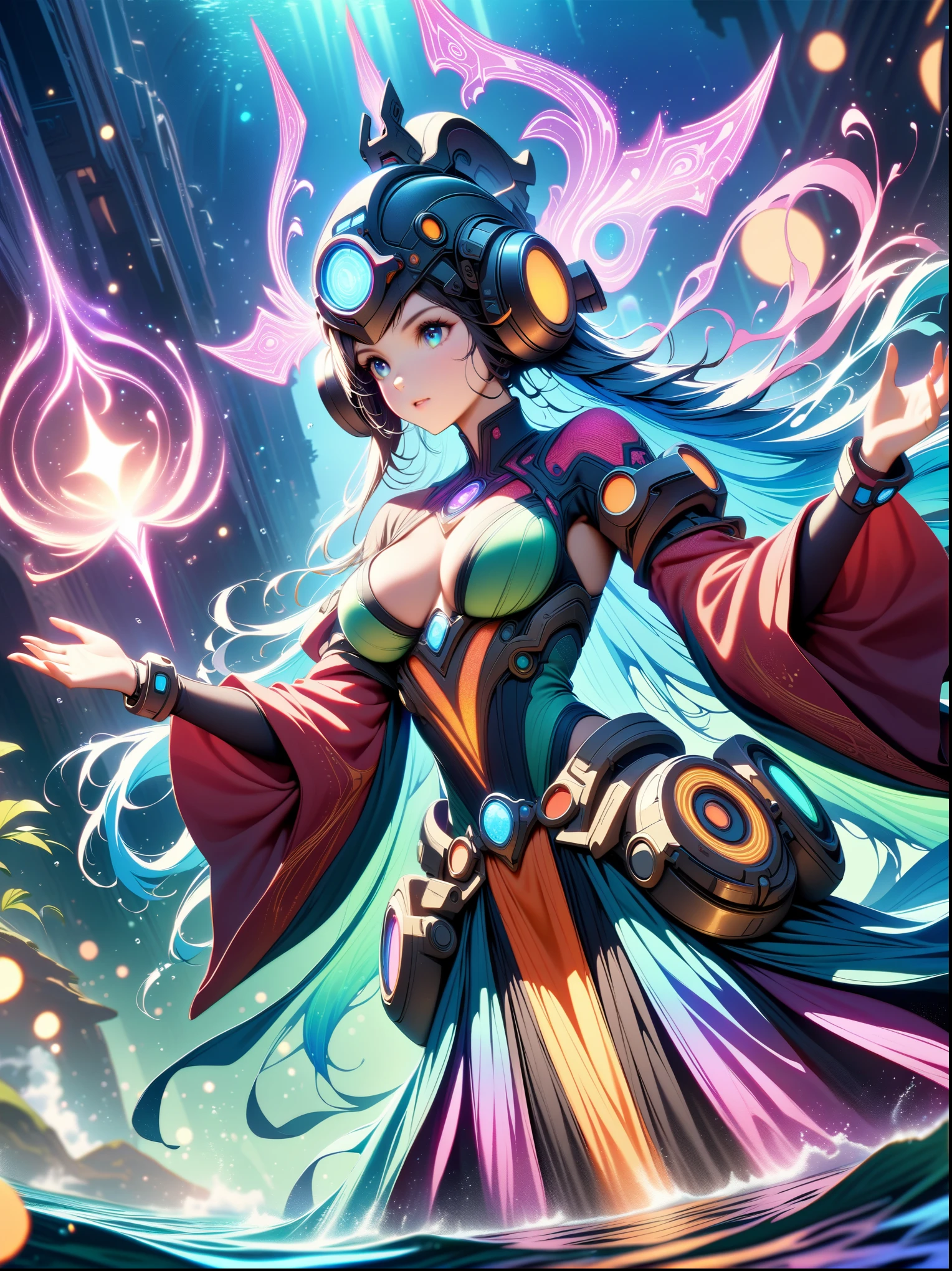 (best quality, masterpiece, absurdres, highres, ultra_detailed, dynamic angle:1.2), photography of 1girl, mage, aquamancer, (colorful:1.3) ornate diving bodysuit, lama scuba helmet, glowing cybernetics, long robe woven with celestial patterns, (spellcasting, arcane knowledge, empowering allies, elemental water magic:1.5), ethereal glowing runes, (underwater:1.2), sea plants, bioluminescence, futuristic, sci-fi, (intricate details, hyperdetailed:1.15), (ultrahigh resolution textures), bokeh, (volumetric, cinematic, dim blue) lighting, caustics, depth of field