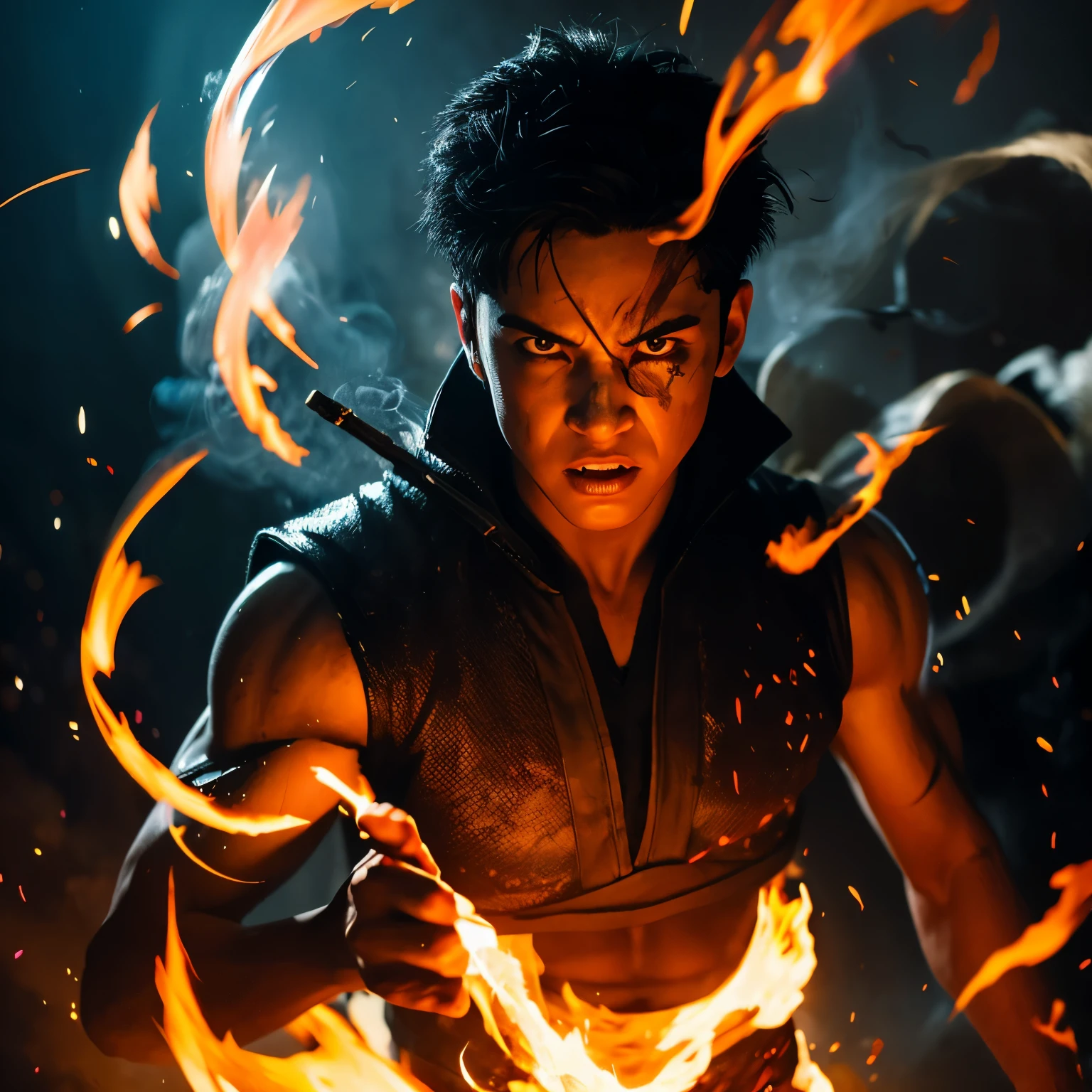 Zuko from Avatar,portrait painting,(best quality,4k,highres),detailed and vibrant colors,firebending,angry expression,powerful stance,scars and burn marks,smoke and flames,backlit by sunset,glowing eyes,noble and determined,charismatic personality,lithe and muscular physique,royal outfit and crown,red and gold colors,serious and intense atmosphere,smoke and sparks swirling around,deep shadows and dramatic lighting,aggressive and dynamic brushstrokes,evil and conflicted character.