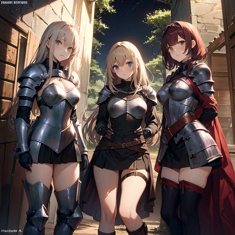 A group of  female knight, (in forest), various hair styles, harem, wearing armored clothes, metal armor, night, details face, , short skirt, sword, tied spread 