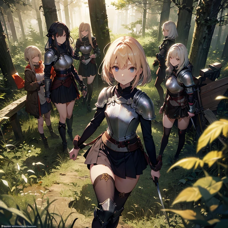 A group of  female knight, (in forest), various hair styles, harem, wearing armored clothes, metal armor, night, details face, , short skirt, sword, tied spread 