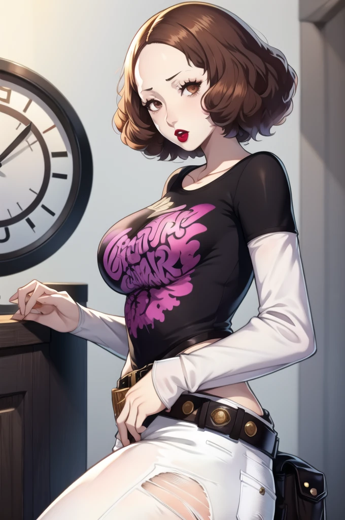 Haru okumura, brown hair, 1girl, solo, standing, black t-shirt, white shirt, jeans, belt, lipstick,large breasts