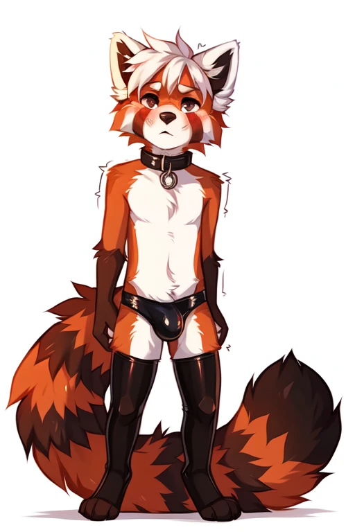 full body，No background, white background, ((by keihound, by reysi)), by Zackary911, by hyattlen, by fumiko, by fluff-kevlar, Furry, Anthro, ((red panda)), ((loose collar)), (()), ((twink)), ((small)), ((bored eyes)), ((annoyed expression)), ((blushing)), ((shaking motion line)), ((full body)), short white hair, ((fluffy tail)), ((shirtless，metallic luster bulge, metallic luster stockings)), 