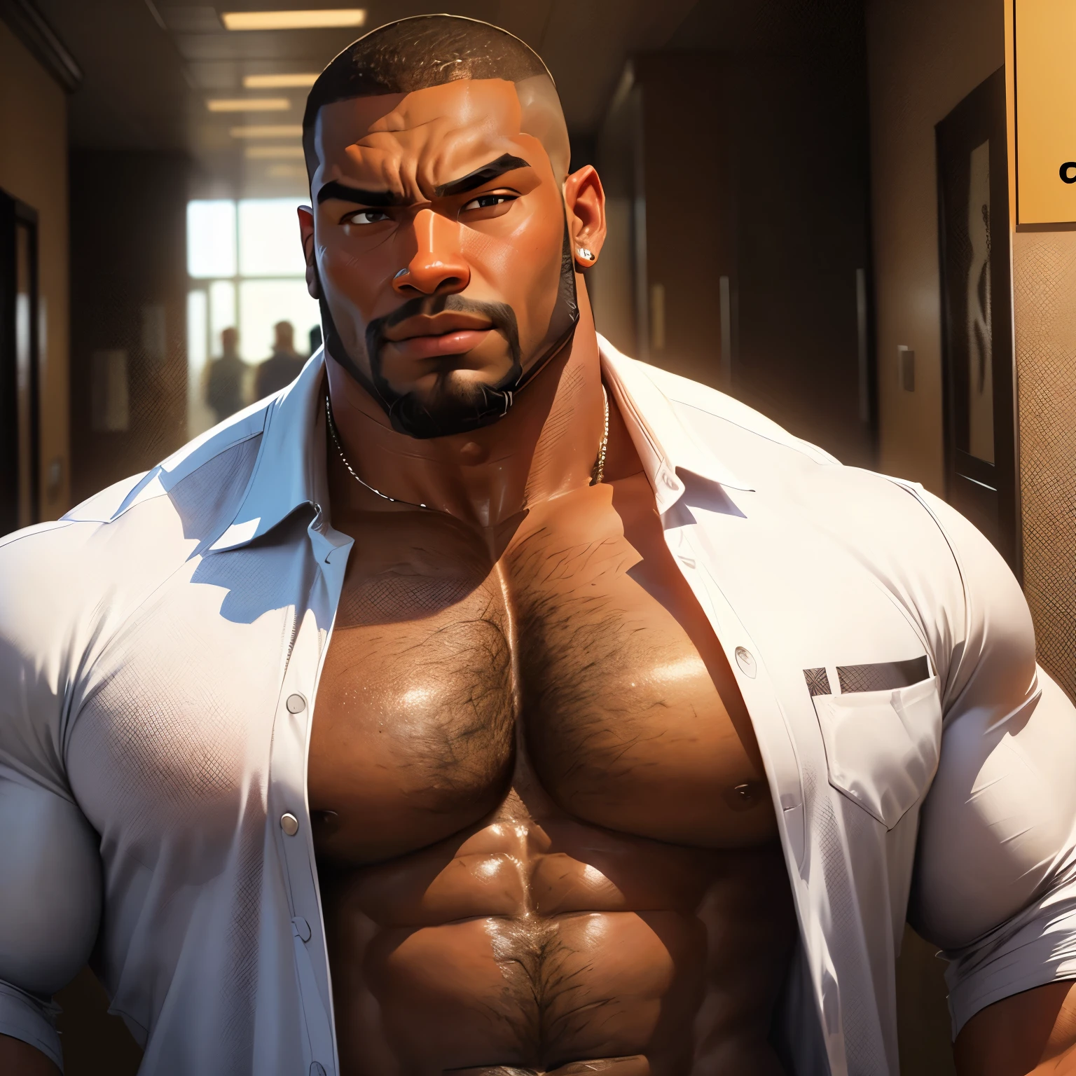 an exaggeratedly muscular and large bodyguard, beefy build, beard, dark-skinned african american male, buzzcut hair with square line, (wearing unbuttoned shirt 1.2), sports logo patch on shirt, (bara pecs: 1.3), (arm and chest hair: 1.1), close-up portrait HD, (high school hallway)