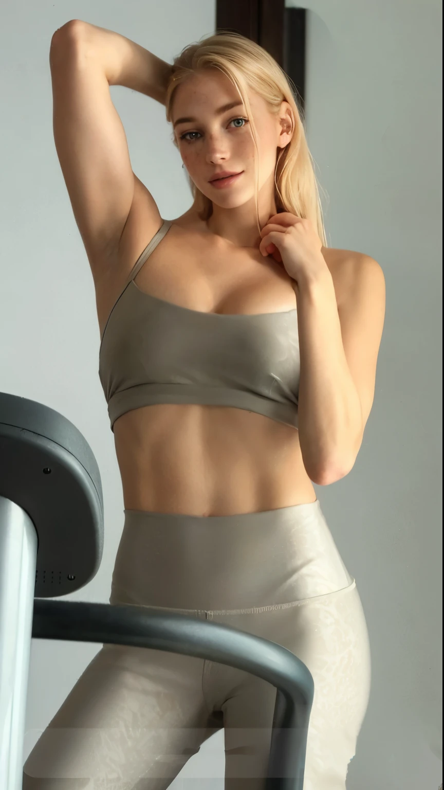 a one woman, americana, age 25, pale skin and freckles, grey-eyed, delicate nose, soft and delicate lips, distant, cabelo blondie distant e ondulado na altura da cintura, Sweet smile, face with delicate feminine facial features, highly rendered