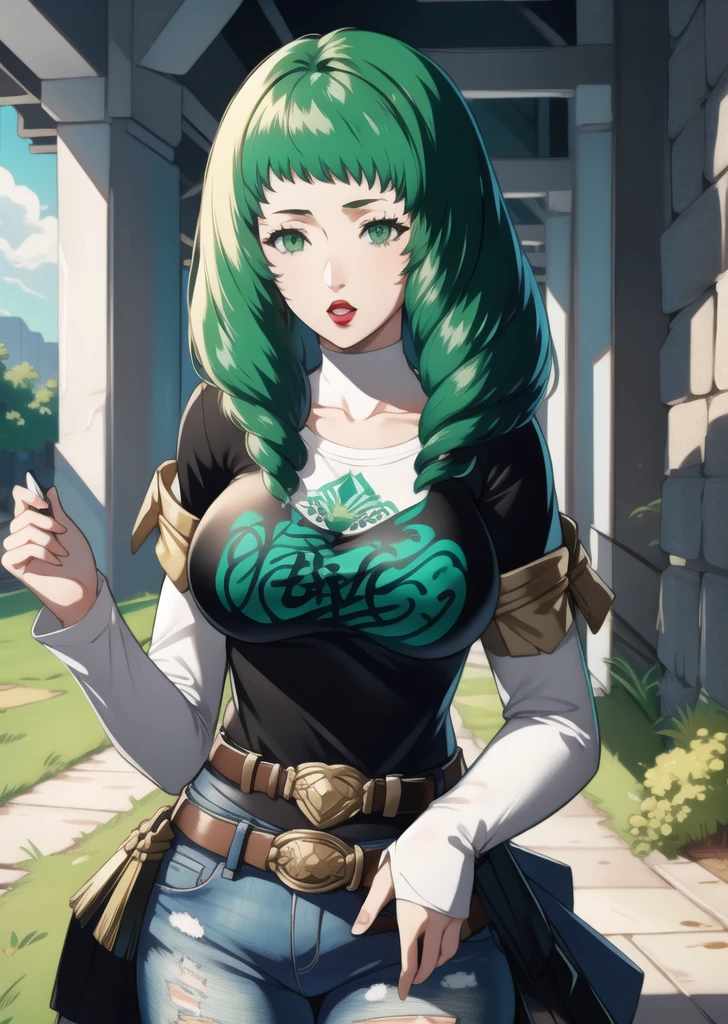 masterpiece, best quality, flayn, green hair, 1girl, solo, standing, black t-shirt, white shirt, jeans, belt, lipstick, large breasts