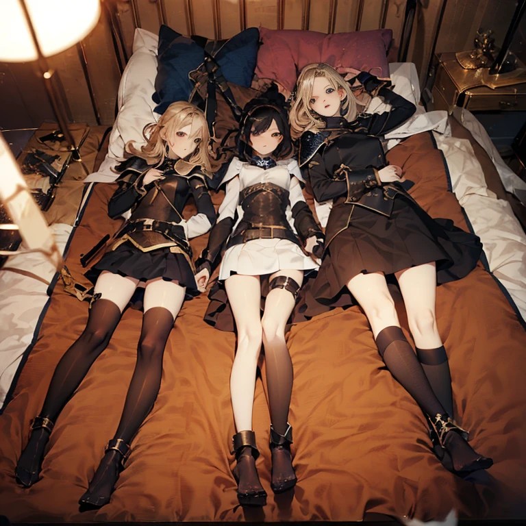 A group of  female knight, (in forest), various hair styles, harem, wearing armored clothes, metal armor, night, details face, , short skirt, sword, tied to bed