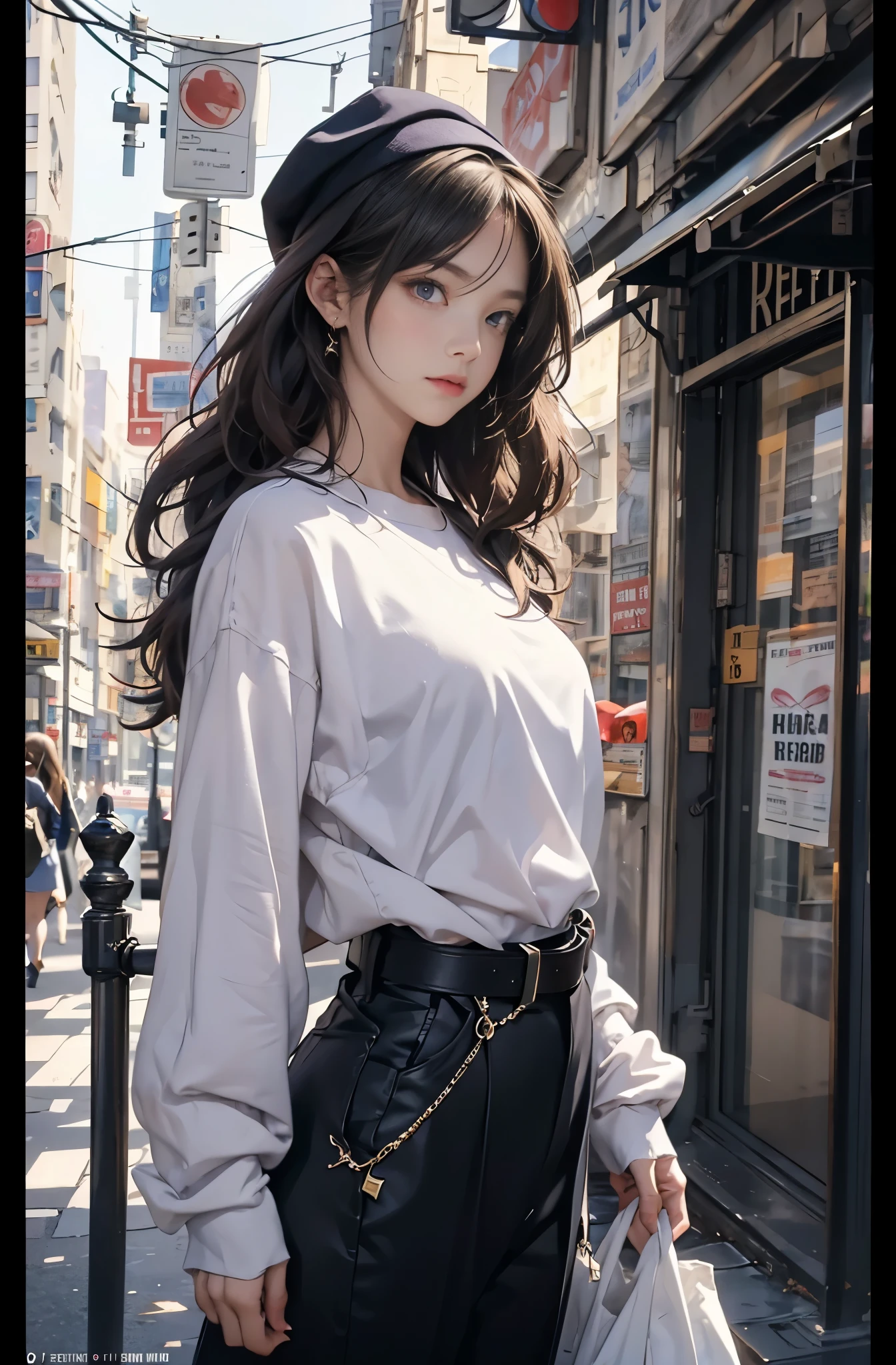Photo of a beautiful woman standing on a street corner, Perfect model body shape, Stylish pants style, stylish belt, colorful purple shirt, stylish hat, very stylish, with influence of Jeremy Mann, Jeremy Mann, style of Jeremy Mann, Jeremy Mann painting, Jeremy Mann art, Ron Hicks, Liepke, Jeremy Mann and alphonse mucha, Works that influenced Edmund Blampid, robert lenkiewicz, Casey Baugh and James Jean, Works that influenced Willem Kalf, Nick Alm, tumbler, figurative art, intense watercolor, watercolor detailed art,Beautiful and expressive paintings, Beautiful artwork illustration, wonderful, cool beauty, masterpiece, highest quality, official art, perfect composition, perfect angle, best shot, The perfect subject, women only, sharp outline, romantic, Moody, very beautiful and detailed eyes, beautiful and delicate eyes, ideal animation, sentimental,Hongkong, close