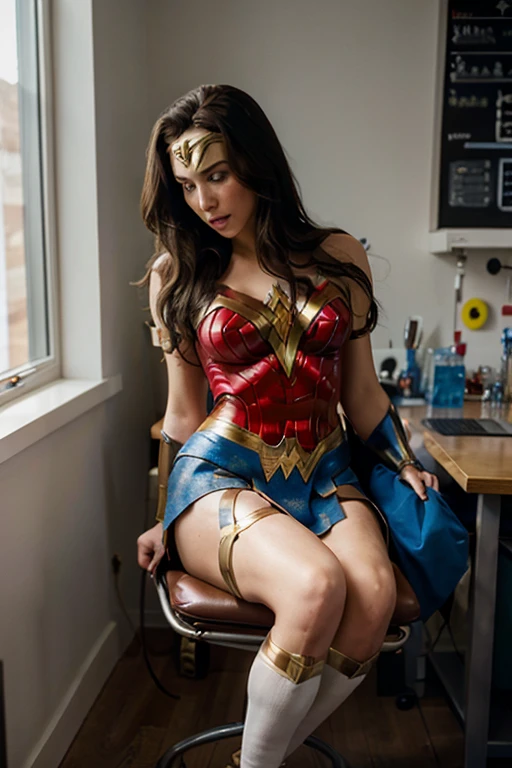 Wonder Woman, sitting in a chair, upskirt, she is in a laboratory, it is daytime