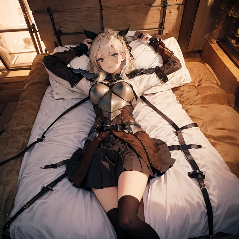 A l female knight, (in forest), wearing armored clothes, metal armor, night, details face, , short skirt, sword, tied to bed