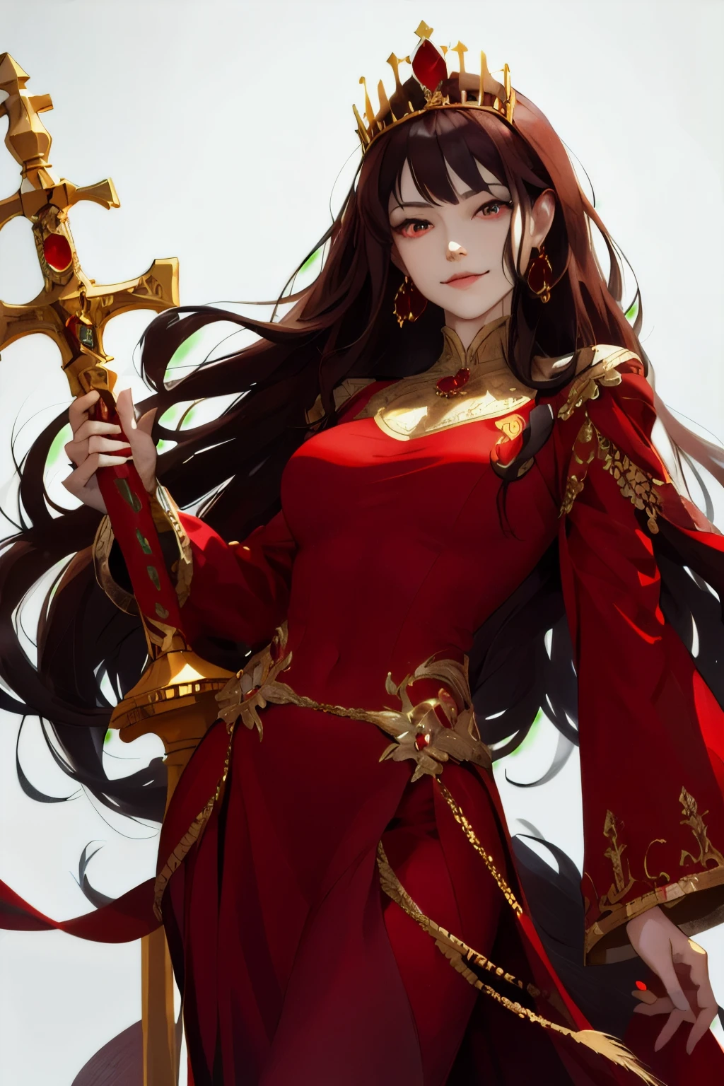(absurdres, highres, ultra detailed), 1woman, mature female, aged up, wavy black long hair, auburn hair, red ruby eyes, bangs, long sleeves, Large figurine with the image of a woman in a red royal dress, wearing a golden tiara with ruby gems, a faint smile with a flat gaze, her right hand holding a large sword and her left hand holding golden scales.