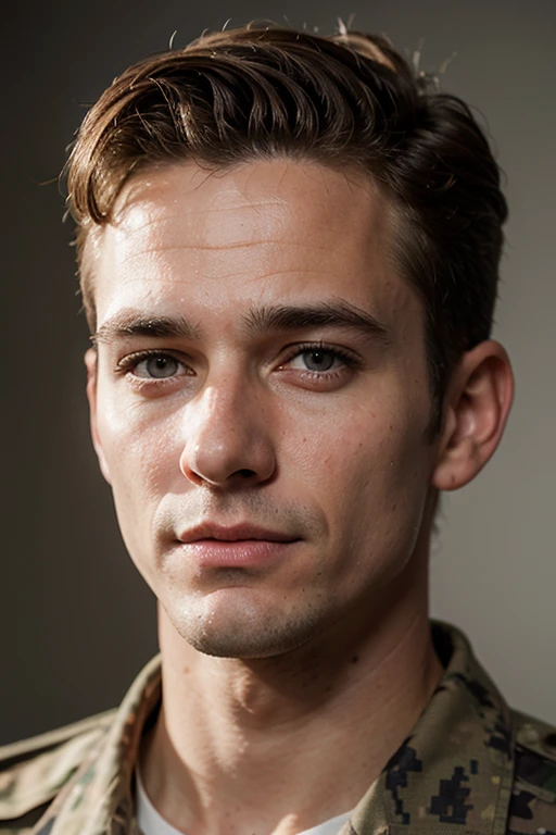 full face portrait photo, nude man, short military style haircut, blonde, clean shave, 19 years old, 25% Idris Alba, 25% Mathew Modine, 25% Mos Def, 25% Luke Perry, plain neutral background, no shadows, uniform lighting