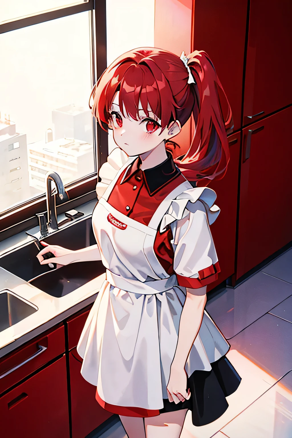 side ponytail, red hair, red eyes, maid uniform, standing, Straight Face, Fair skin, indoors, kitchen, from above, 1990s (style), --niji 5 --ar 2:3 --s 100