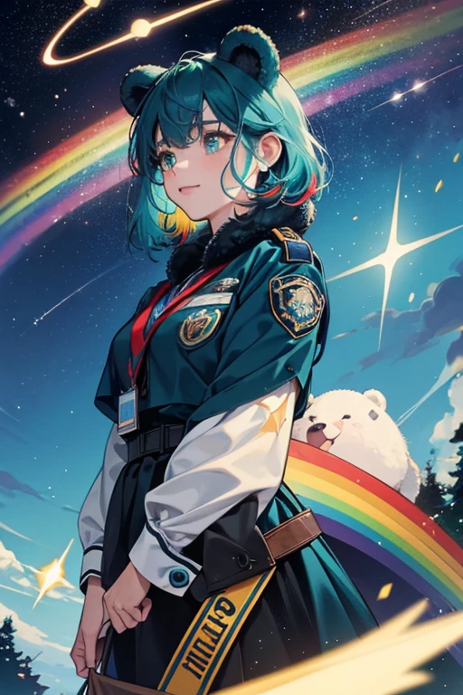 Thanks-a-Lot Bear has dark teal fur and her Badge is an upward-angled shooting yellow shooting star with a red heart in the middle and a rainbow trail. SPARKLE; GLITTER