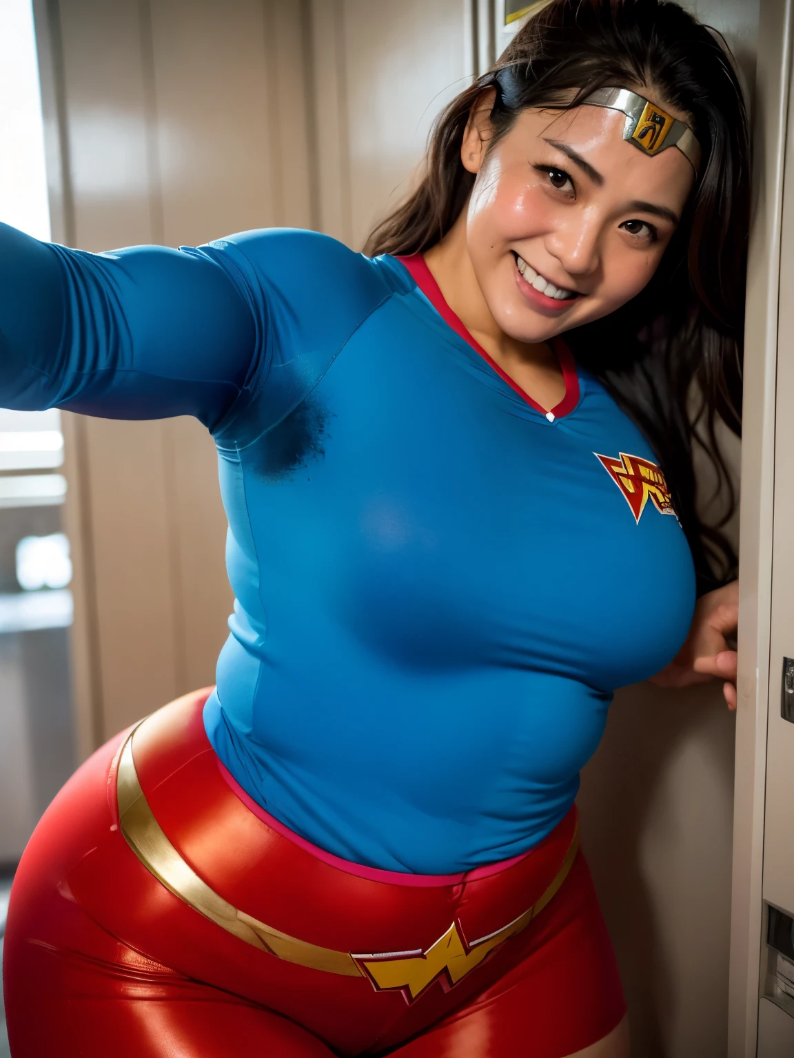 (highest quality:1.2),(perfect beautiful face 1.2),(perfect and beautiful posture:1.2),(japanese woman,(heavyweight female wrestler:1.2), (sweaty body:1.3), (body builder:0.8),big and full breasts,big ass, thick muscular body,blonde,clear eyes,,(sweat stains:1.3)),(sweat all over the body:1.2), (Sweaty Wonder Woman style uniform:1.2),long sleeve),in the locker room,Ultra-high precision photos,look at the camera,(smile:1.3),armpit close-up