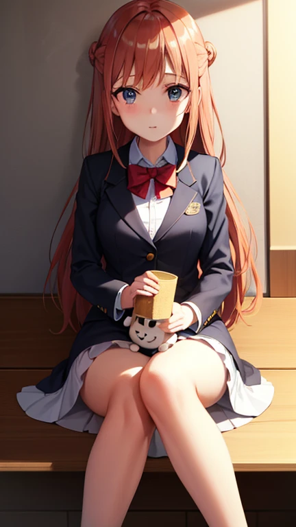 de primera calidad、calidad de imagen de alto nivel、super delicate、The complete image、Beautiful girl with fair skin like a doll.、red brown hair、It is braided into a bun at the back..、ojos amarillos brillantes、long eyelashes、ojo grande、Uniforme blazer azul marino、、una minifalda、Calcetines hasta la rodilla negros、academia、shy