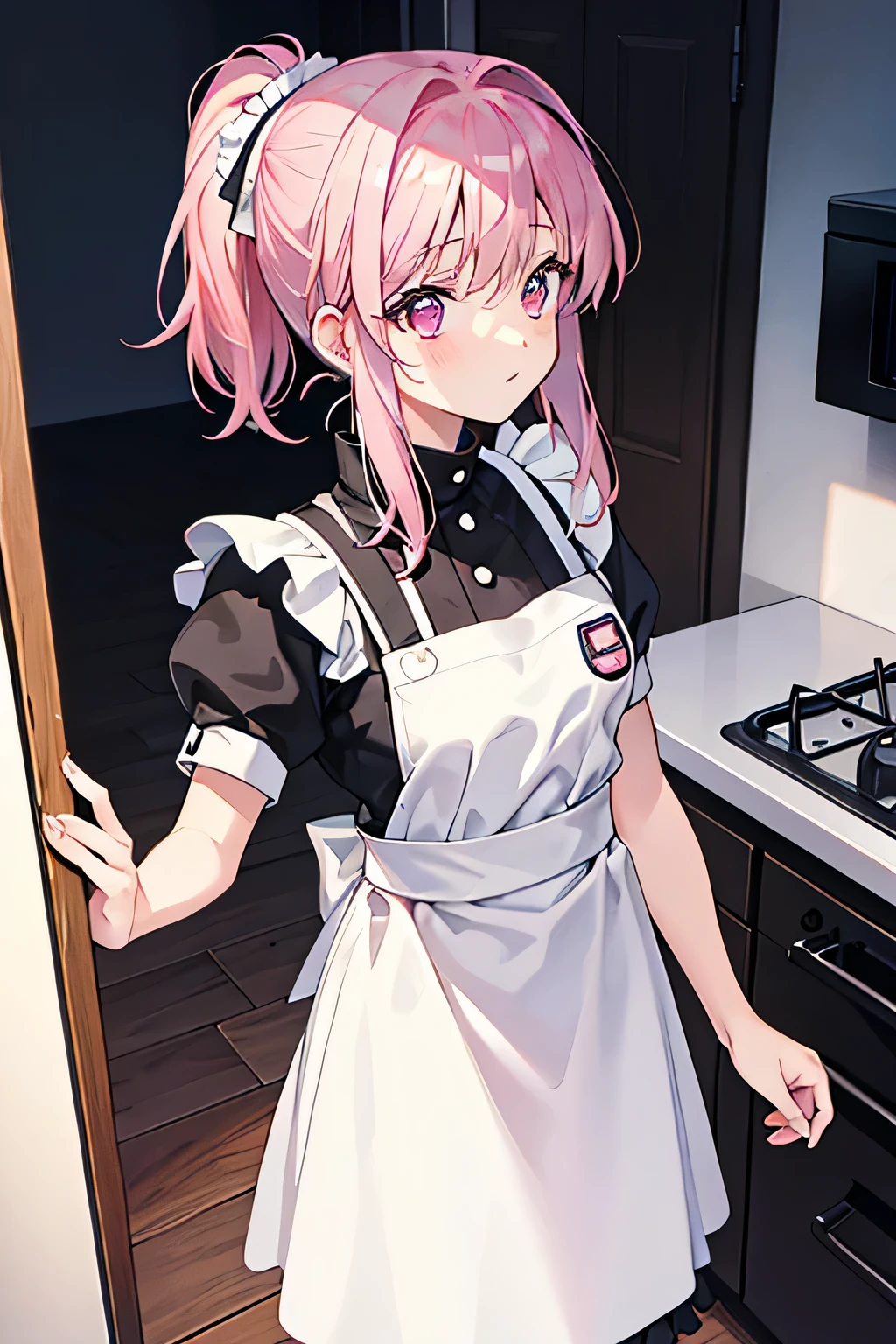 ponytail, pink hair, pink eyes, maid uniform, standing, Straight Face, Fair skin, indoors, kitchen, from above, 1990s (style), --niji 5 --ar 2:3 --s 100